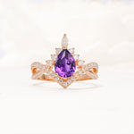 Pear Cut Amethyst Crown Engagement Ring with Chevron Band - Additional view