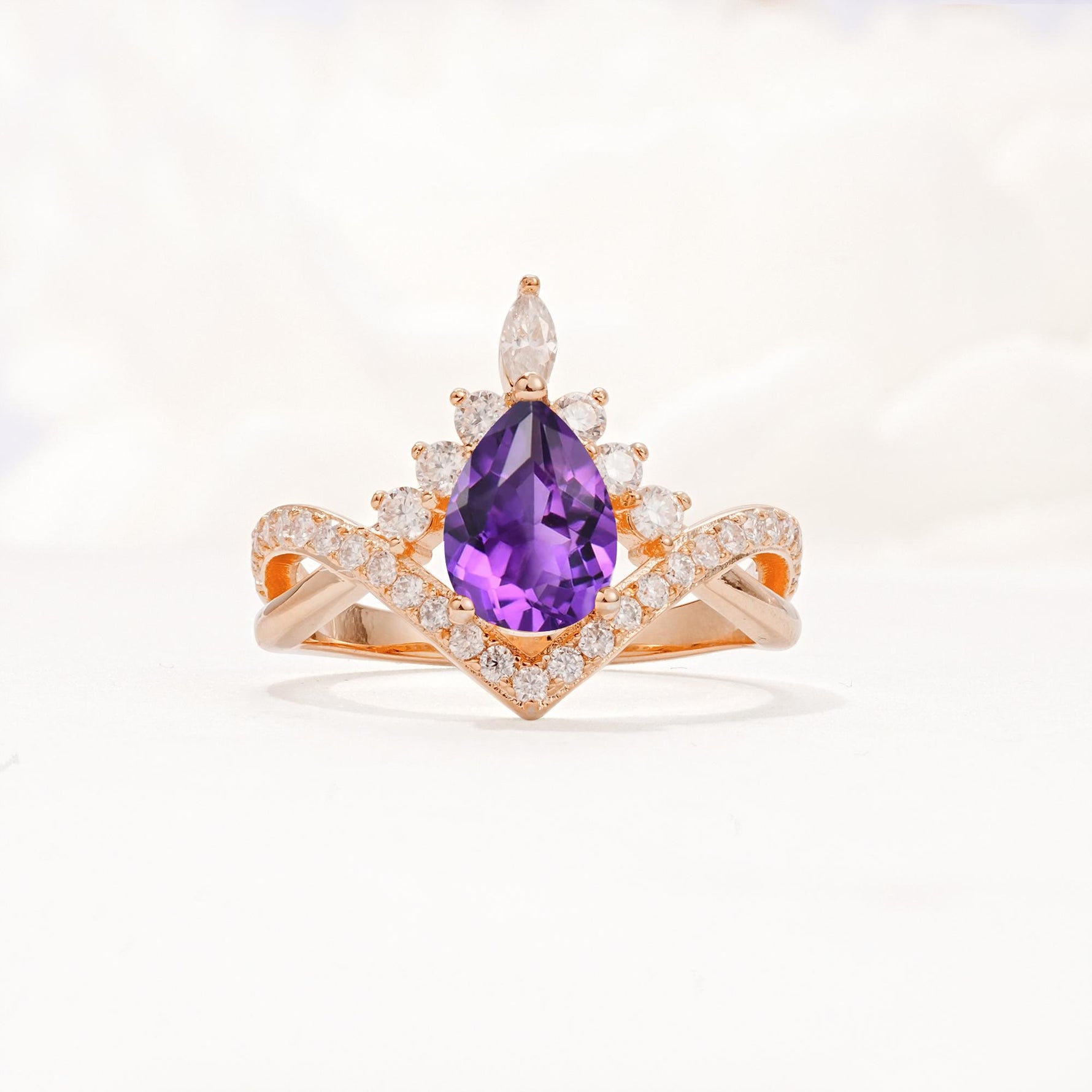 Pear Cut Amethyst Crown Engagement Ring with Chevron Band - Additional view