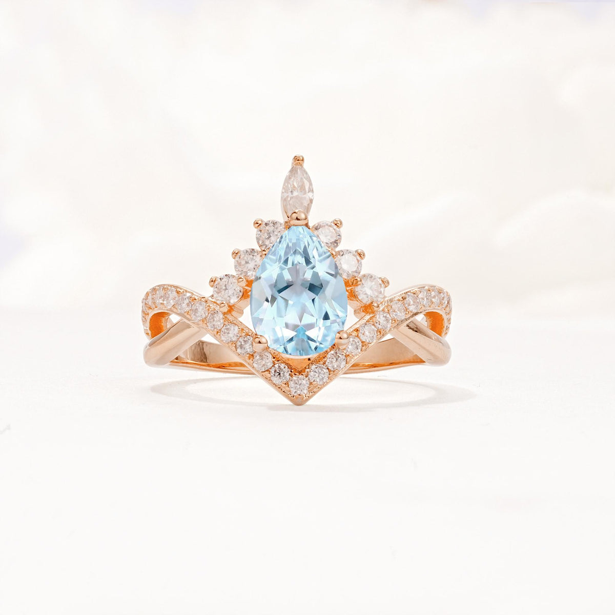 Pear Cut Aquamarine Crown Engagement Ring with Chevron Band - Additional view