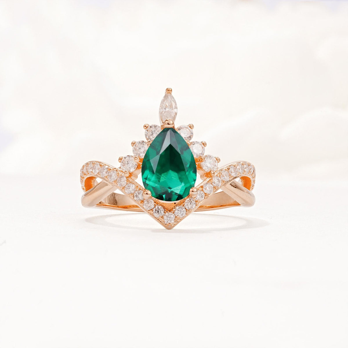 Pear Cut Emerald Crown Engagement Ring with Chevron Band - Additional view