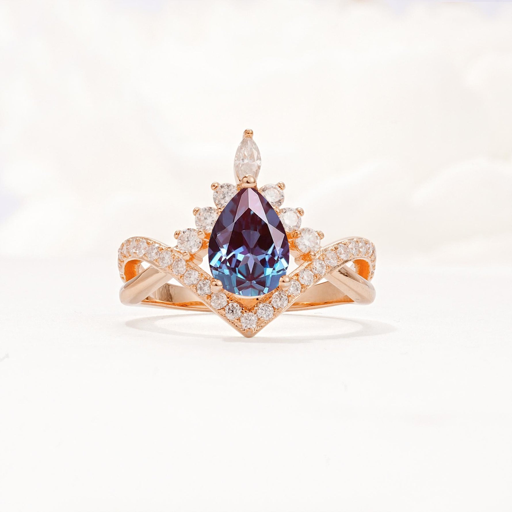Pear Cut Alexandrite Crown Engagement Ring with Chevron Band - Additional view