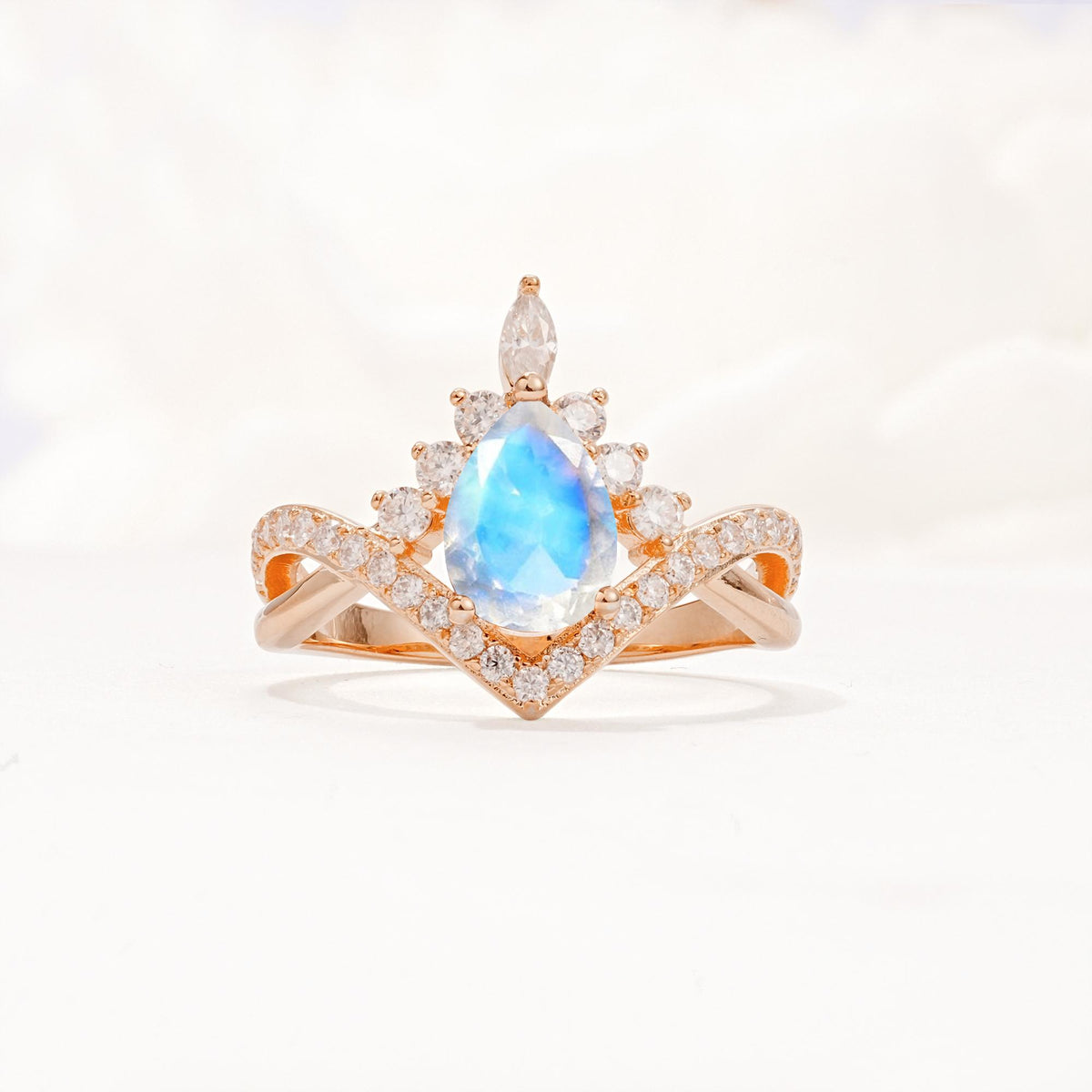 Pear Cut Moonstone Crown Engagement Ring with Chevron Band - Additional view