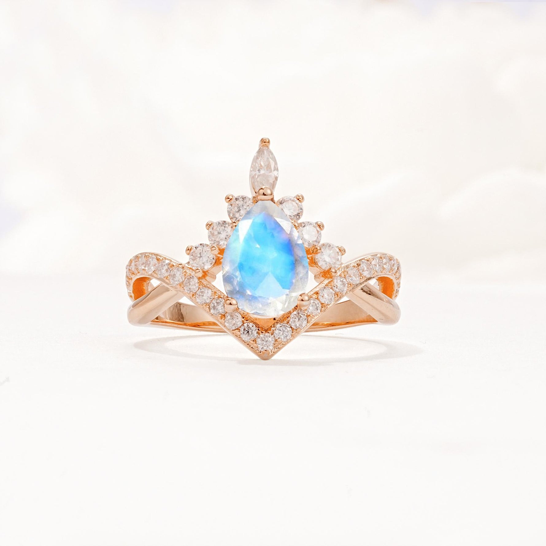 Pear Cut Moonstone Crown Engagement Ring with Chevron Band - Additional view