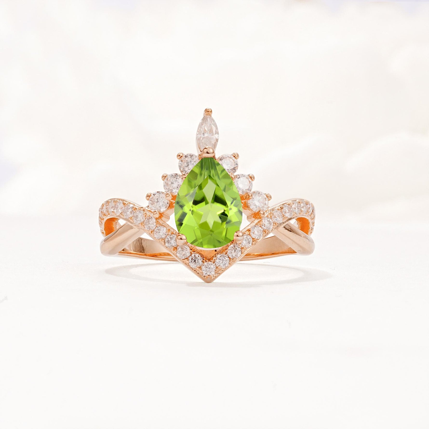Pear Cut Peridot Crown Engagement Ring with Chevron Band - Additional view
