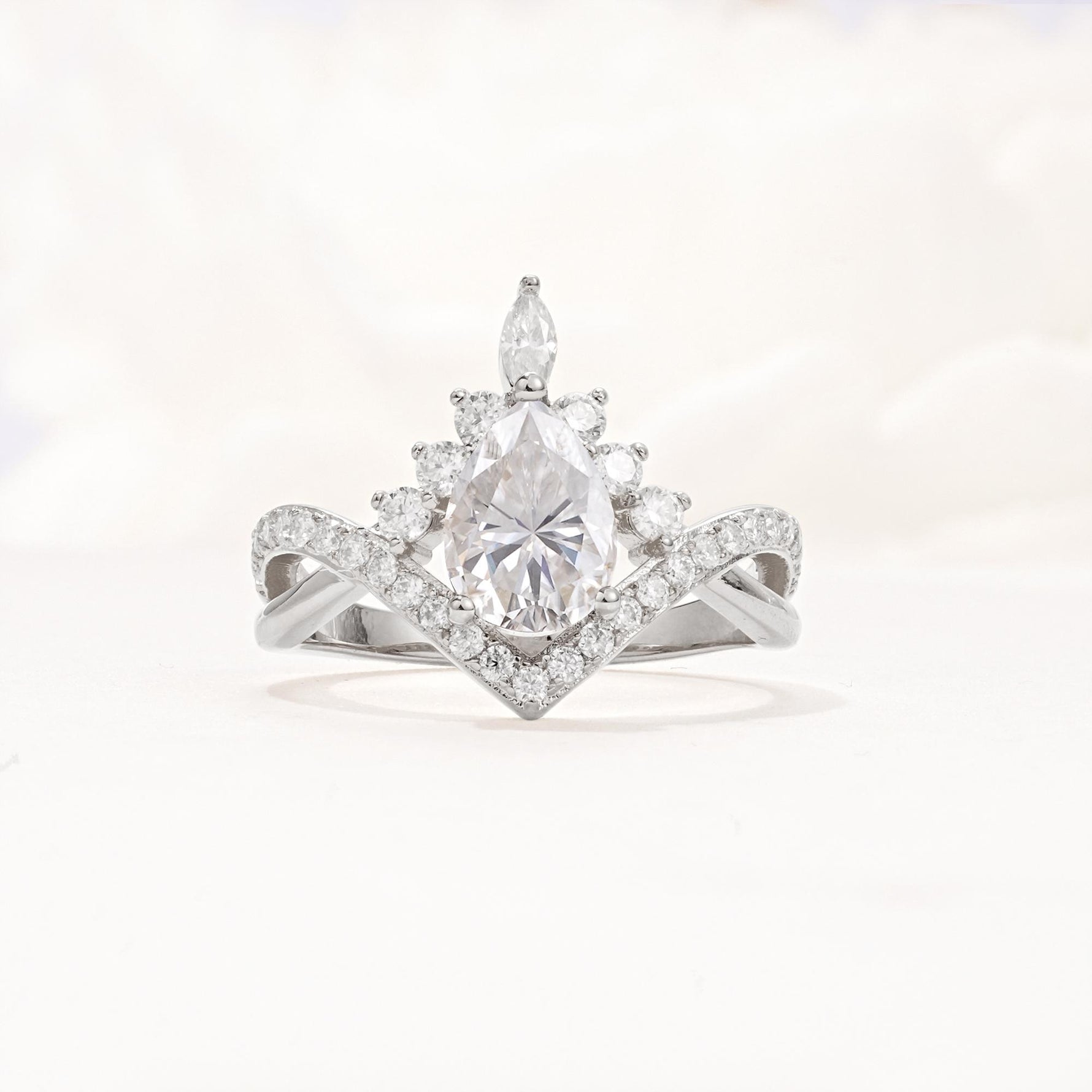Pear Cut Moissanite Crown Engagement Ring with Chevron Band - Additional view