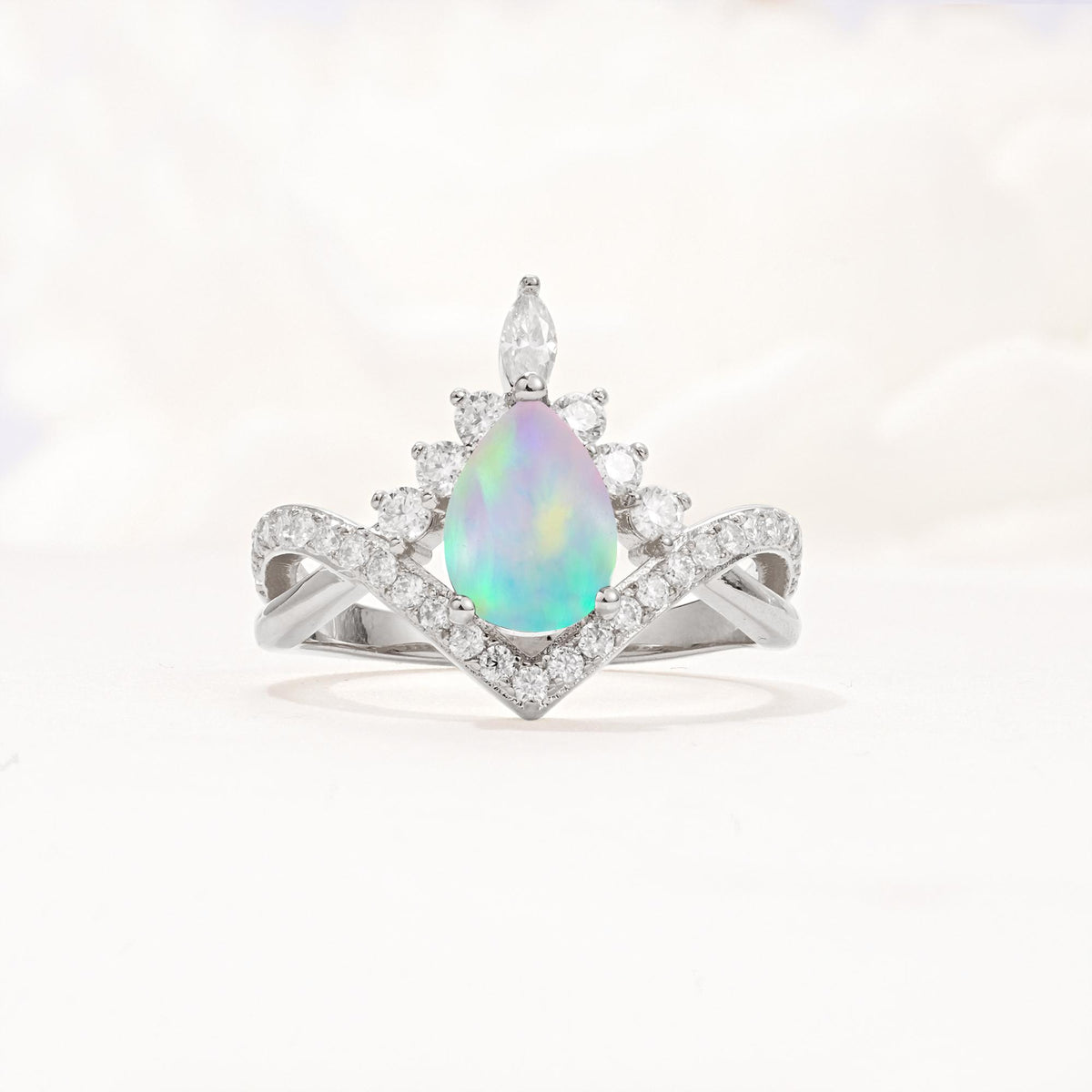 Pear Cut Fire Opal Crown Engagement Ring with Chevron Band - Additional view