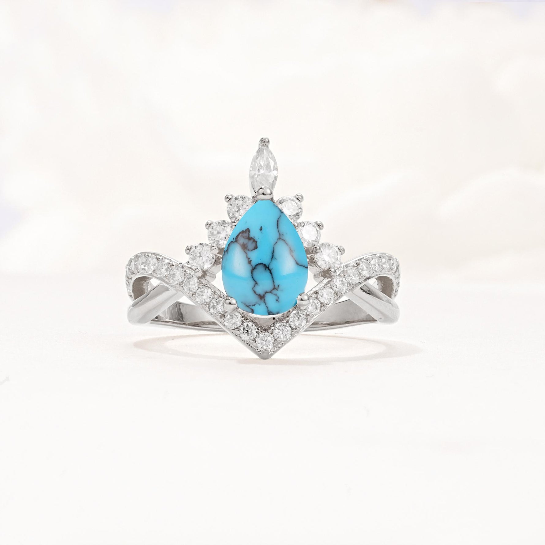 Pear Cut Turquoise Crown Engagement Ring with Chevron Band - Additional view