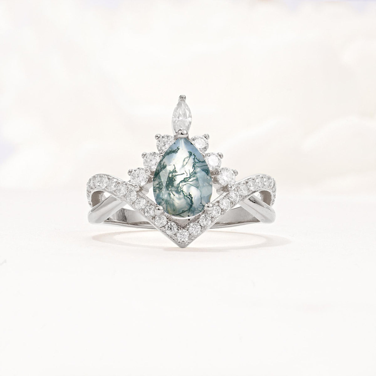 Pear Cut Moss Agate Crown Engagement Ring with Chevron Band - Additional view