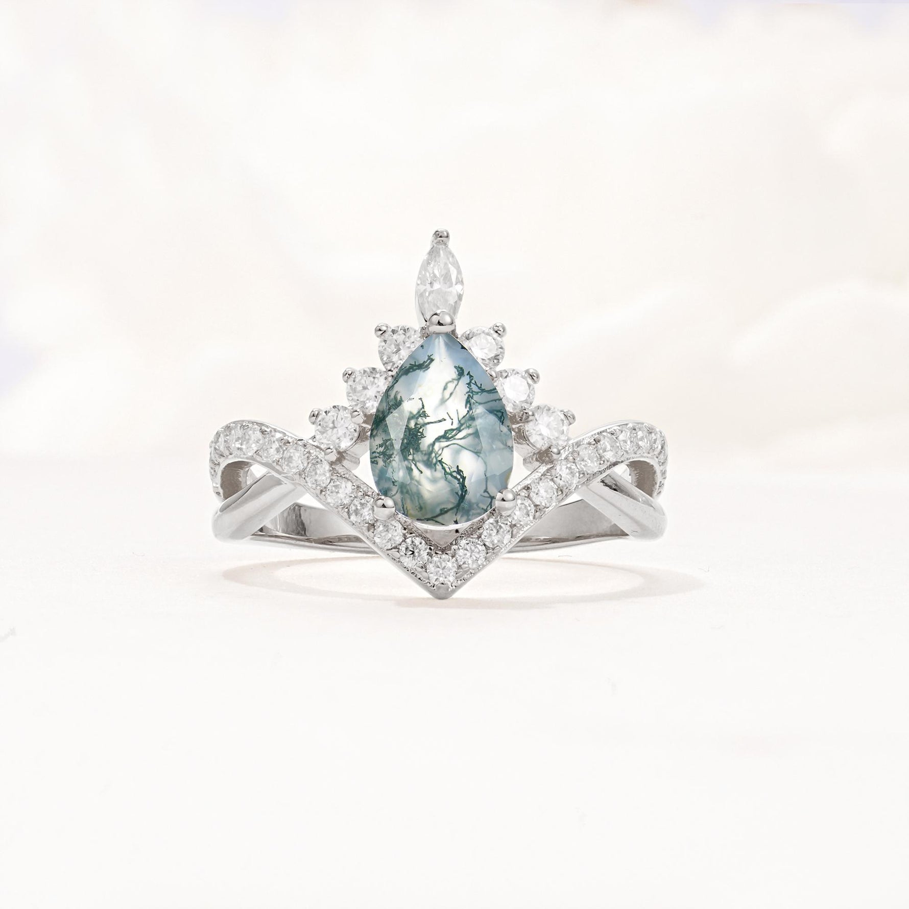 Pear Cut Moss Agate Crown Engagement Ring with Chevron Band - Additional view