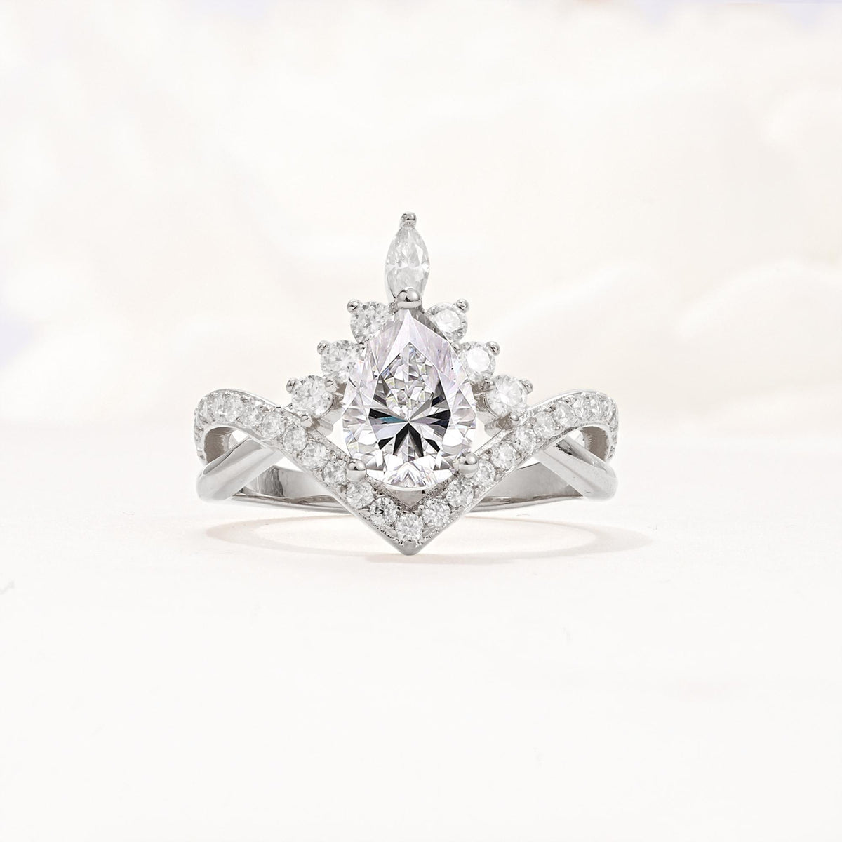 Pear Cut Lab Diamond Crown Engagement Ring with Chevron Band - Additional view