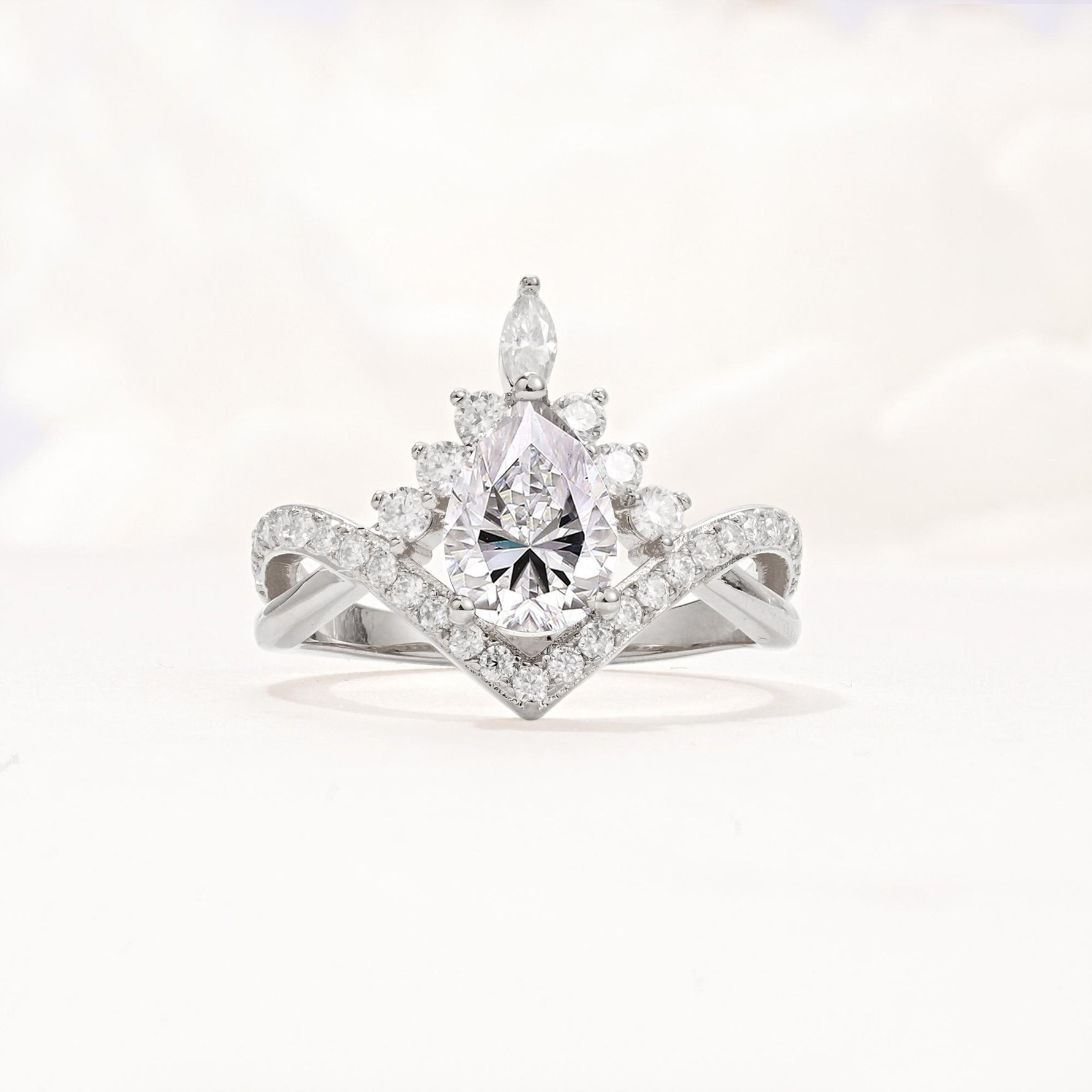 Pear Cut Lab Diamond Crown Engagement Ring with Chevron Band - Additional view