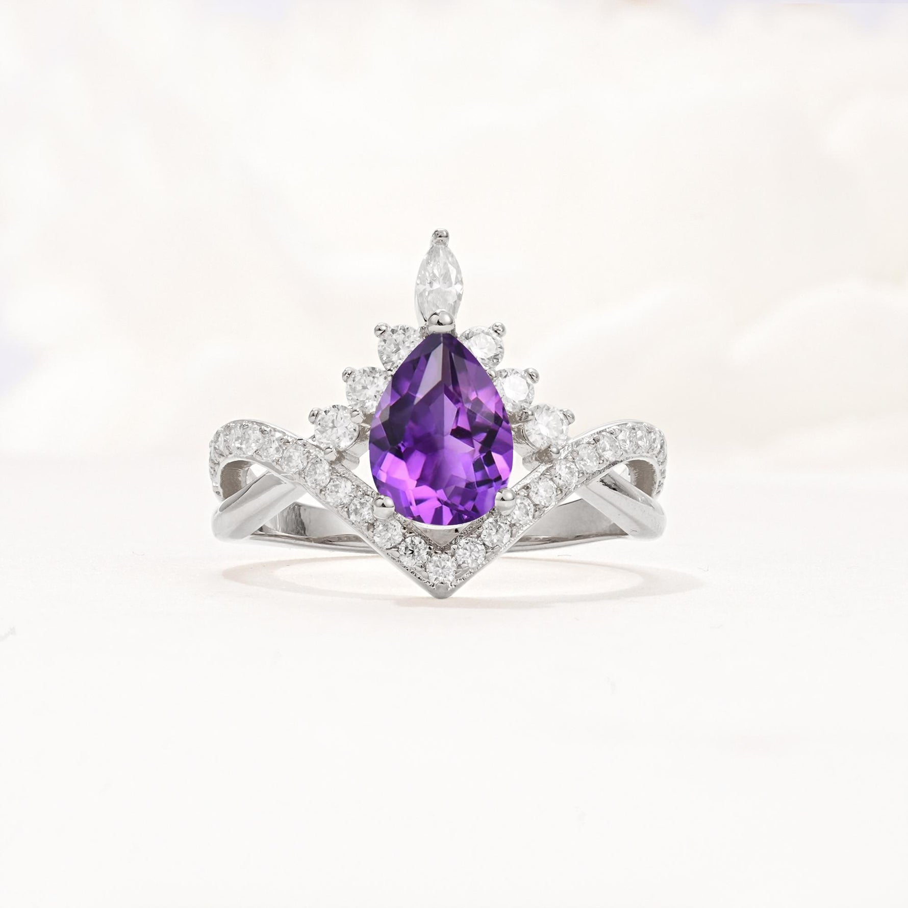 Pear Cut Amethyst Crown Engagement Ring with Chevron Band - Additional view