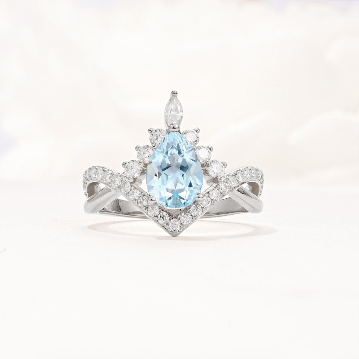 Pear Cut Aquamarine Crown Engagement Ring with Chevron Band - Additional view