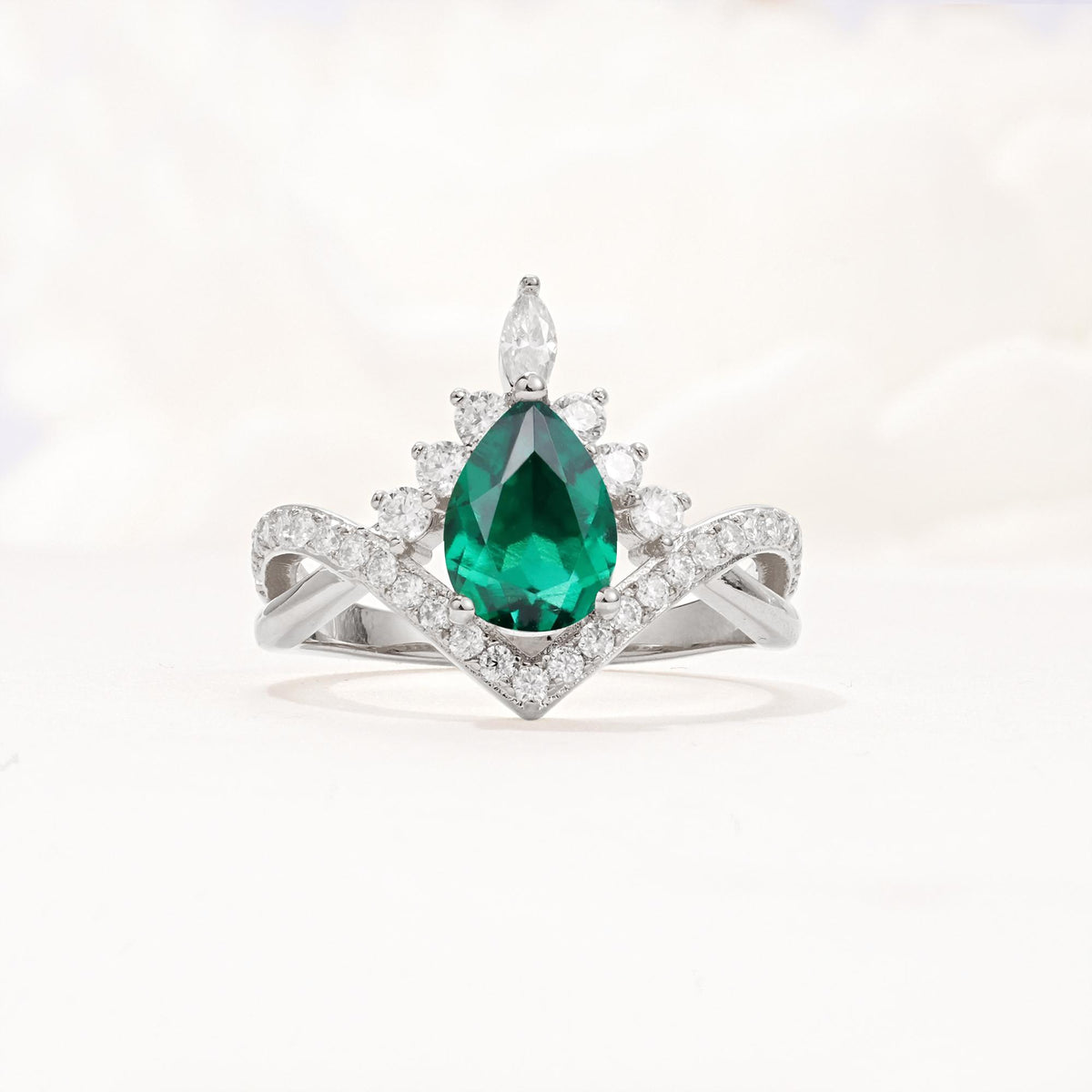 Pear Cut Emerald Crown Engagement Ring with Chevron Band - Additional view