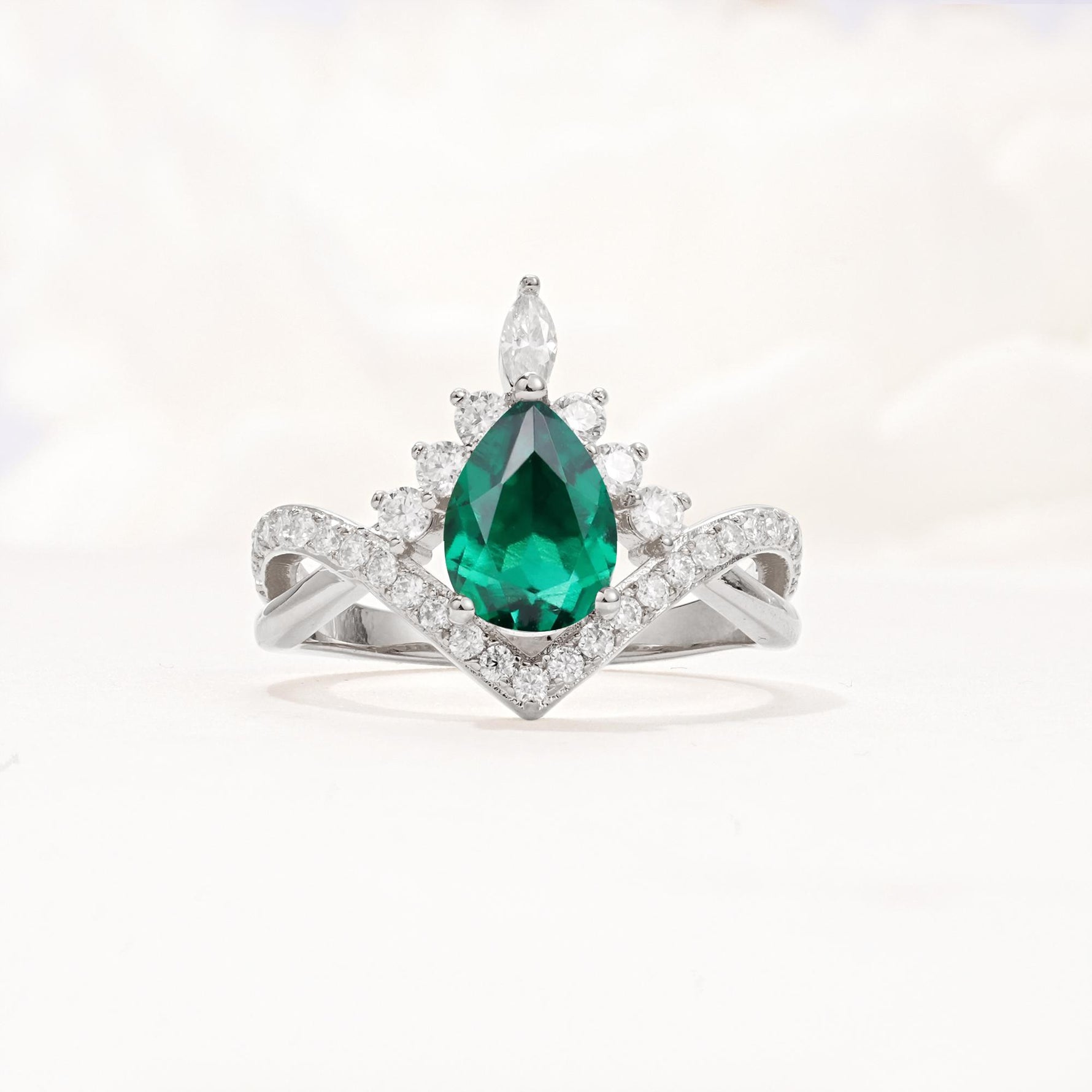Pear Cut Emerald Crown Engagement Ring with Chevron Band - Additional view