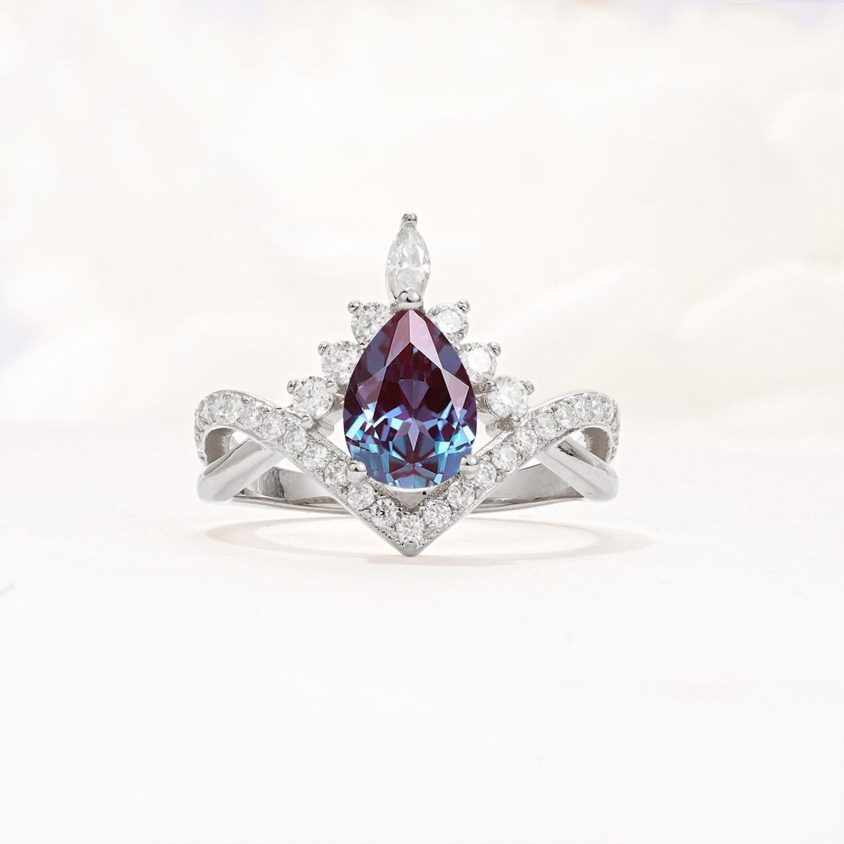 Pear Cut Alexandrite Crown Engagement Ring with Chevron Band - Additional view