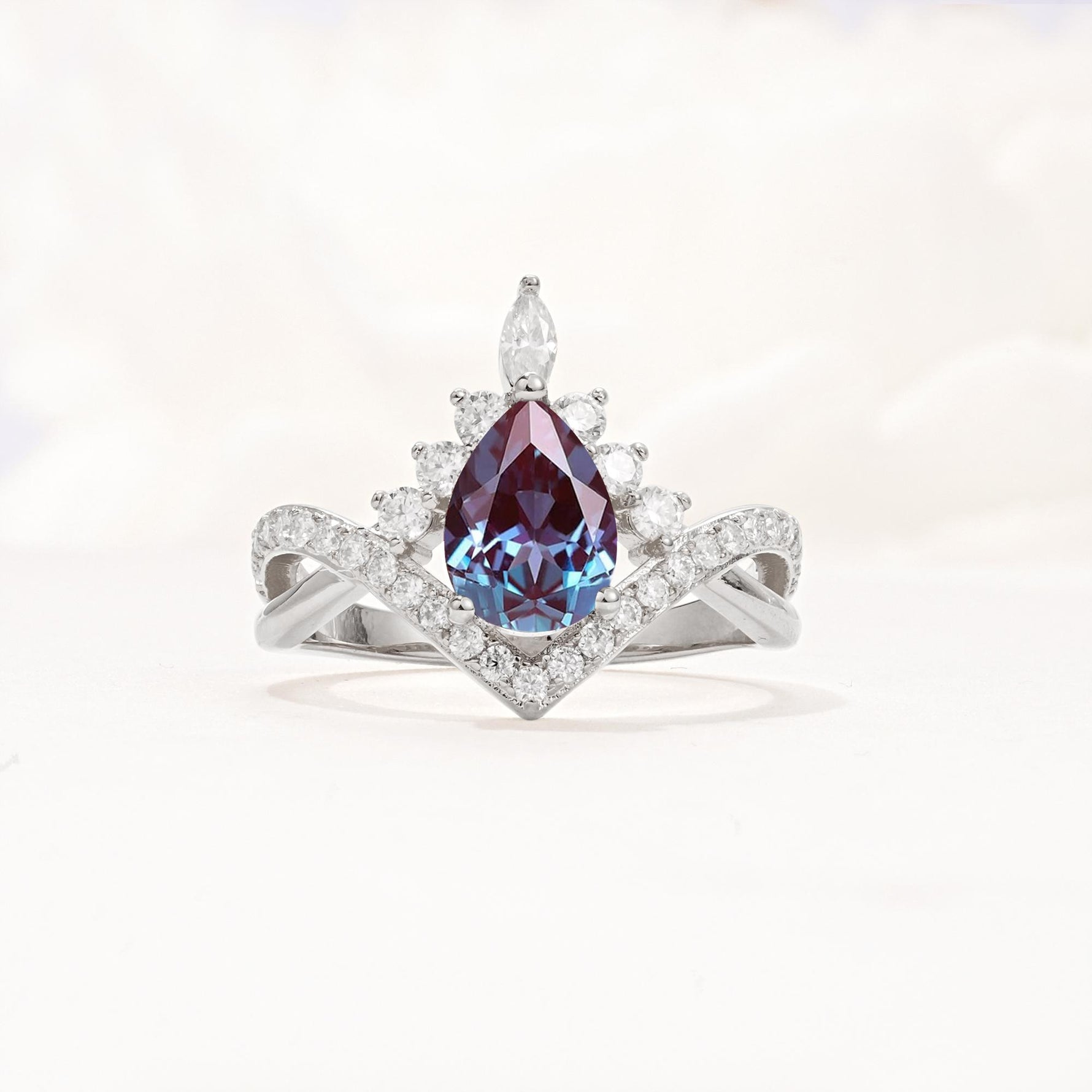 Pear Cut Alexandrite Crown Engagement Ring with Chevron Band - Additional view