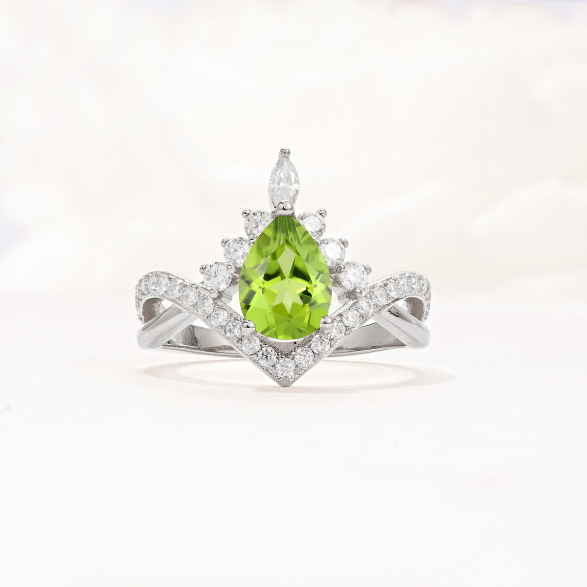 Pear Cut Peridot Crown Engagement Ring with Chevron Band - Additional view