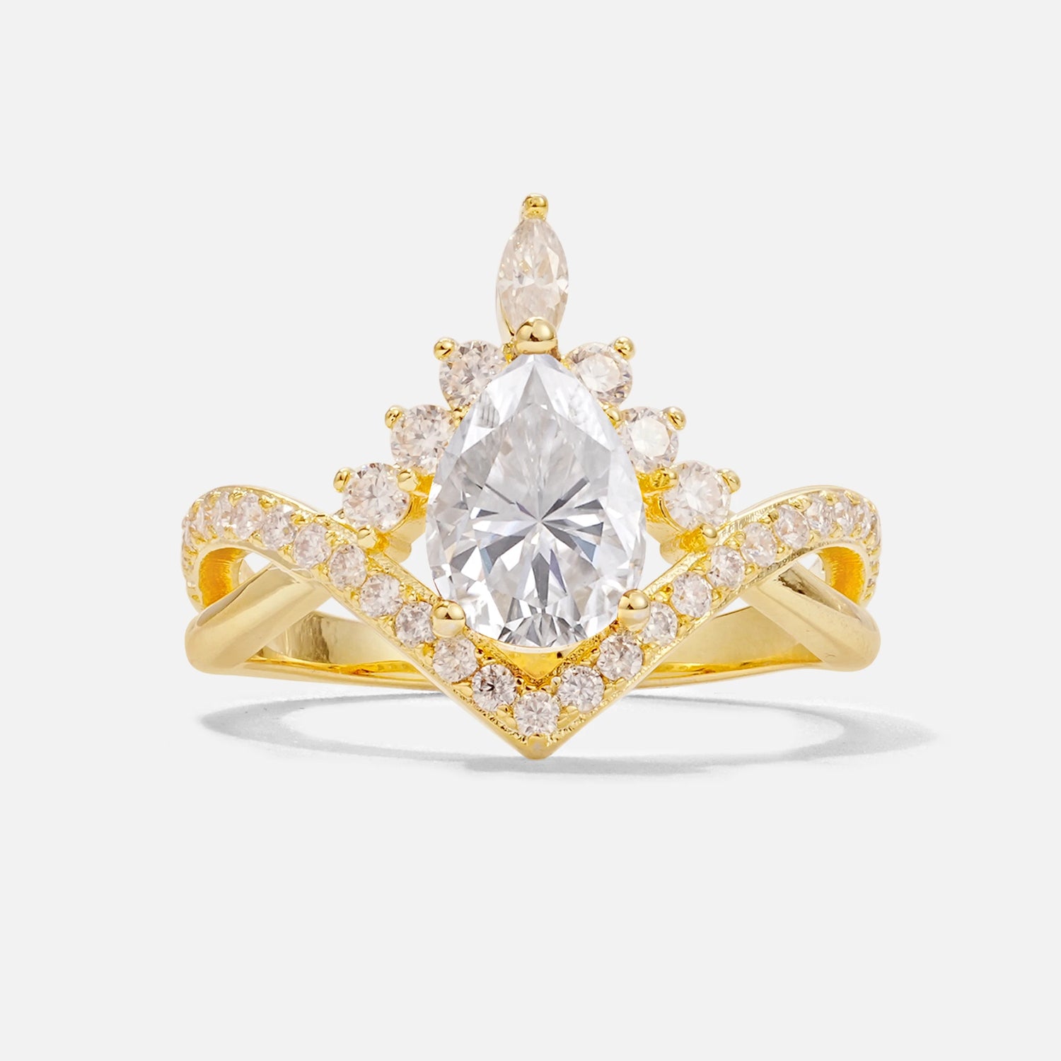 Pear Cut Moissanite Crown Engagement Ring with Chevron Band
