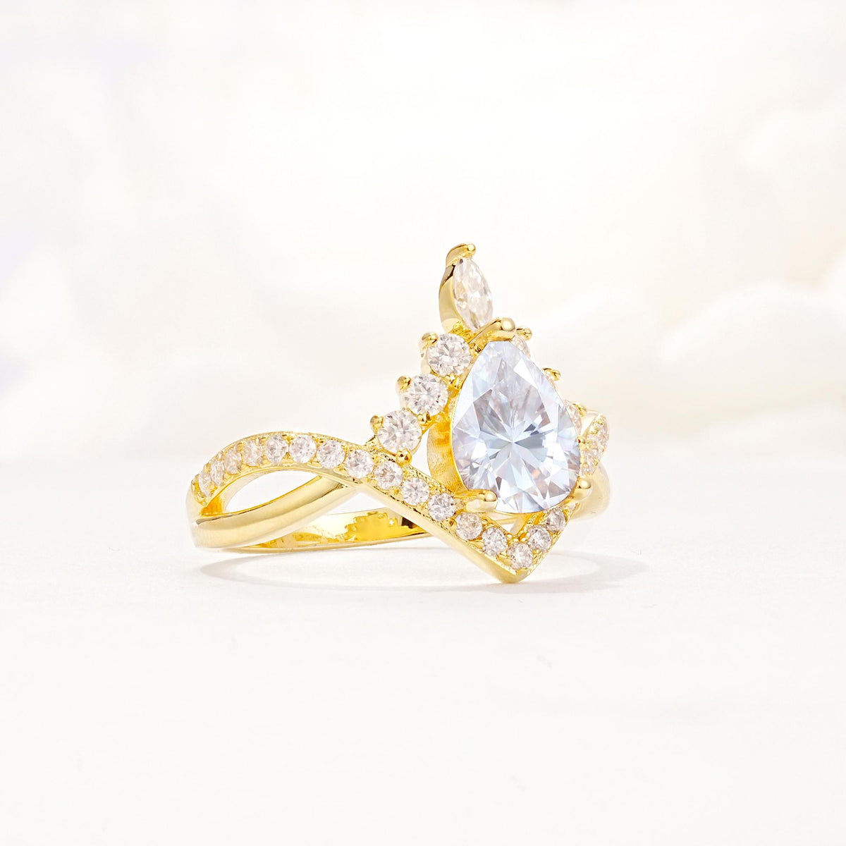 Pear Cut Moissanite Crown Engagement Ring with Chevron Band - Additional view