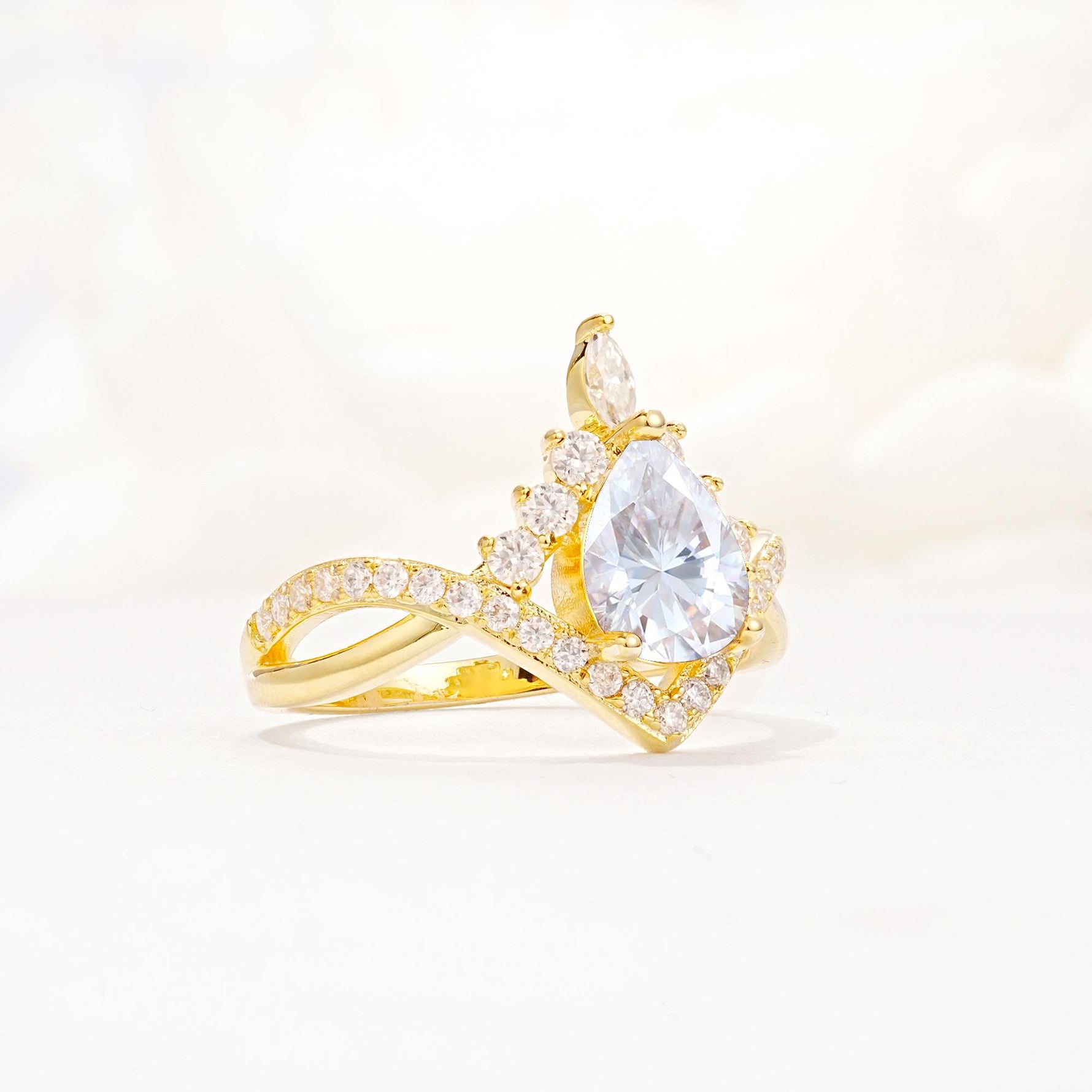 Pear Cut Moissanite Crown Engagement Ring with Chevron Band - Additional view