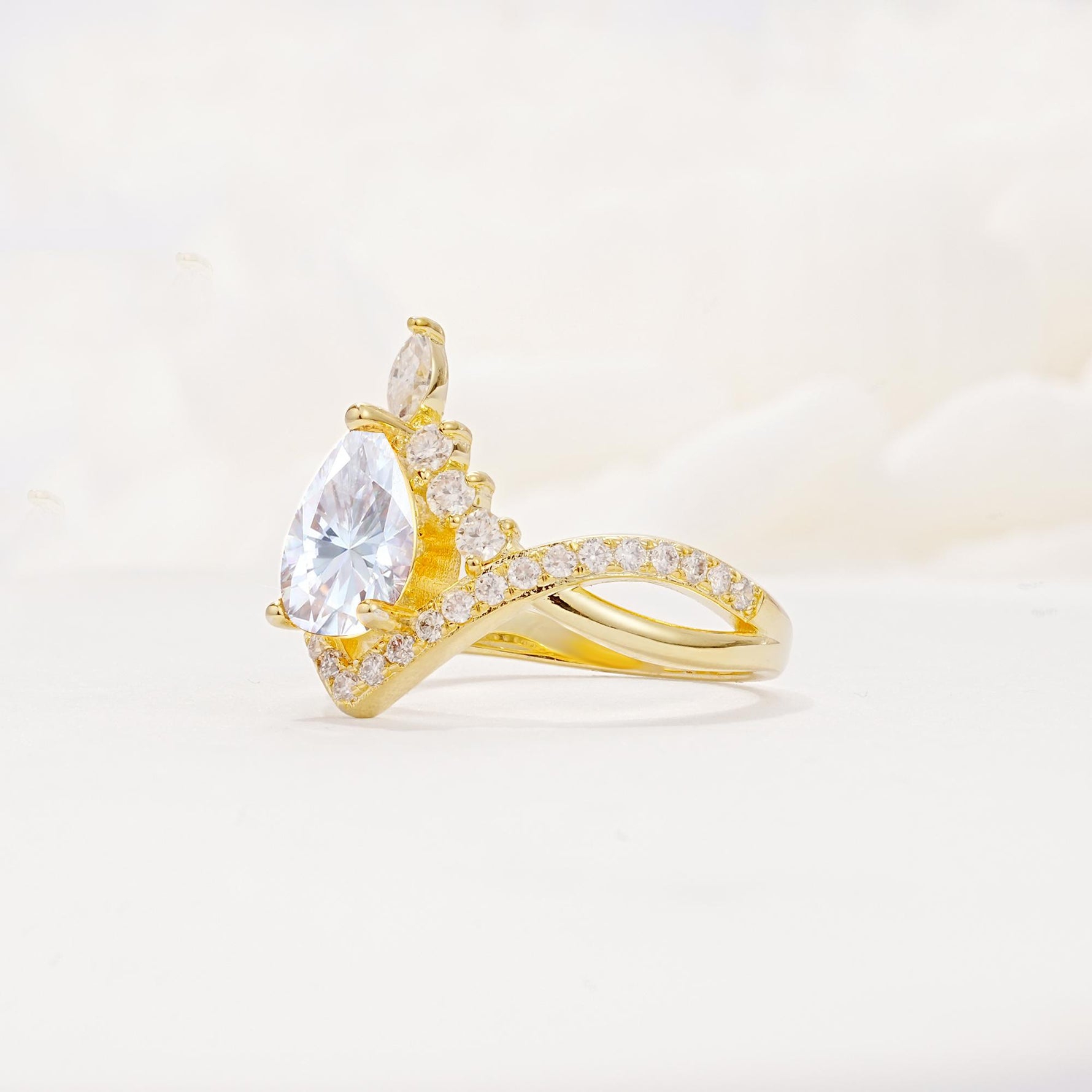 Pear Cut Moissanite Crown Engagement Ring with Chevron Band - Additional view