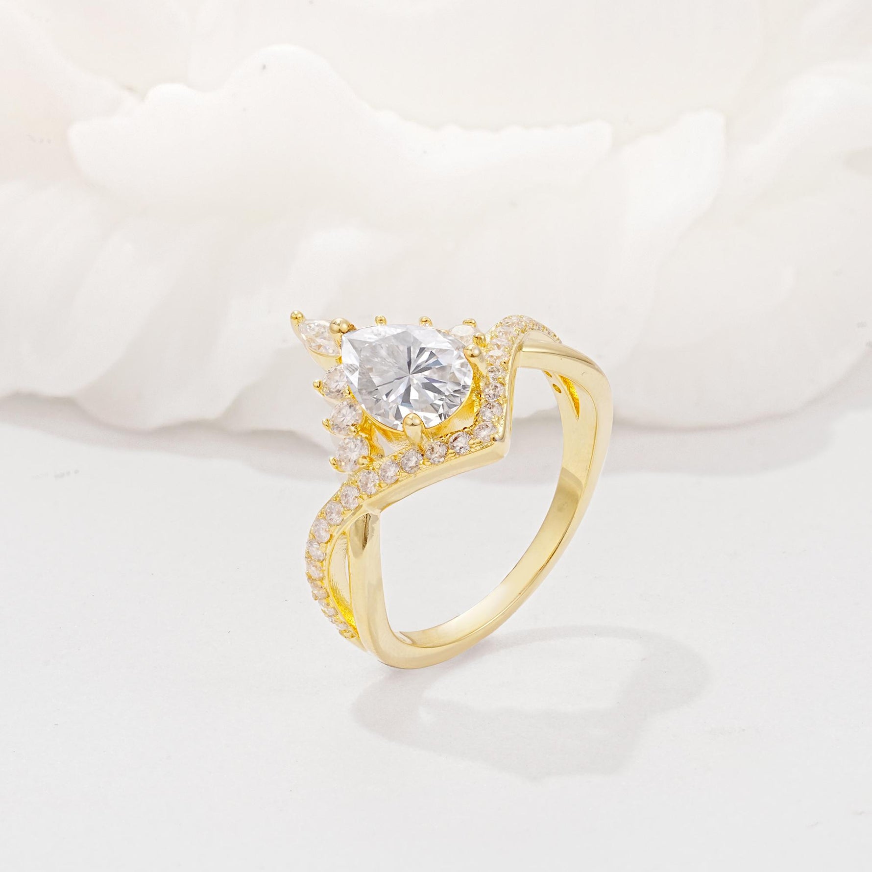 Pear Cut Moissanite Crown Engagement Ring with Chevron Band - Additional view