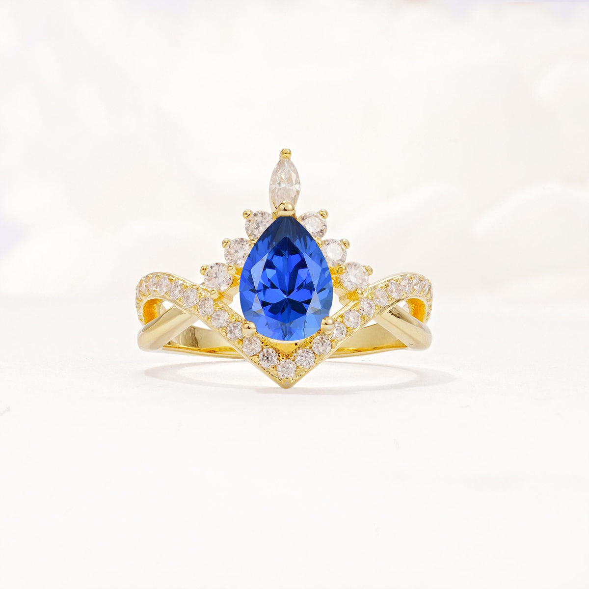 Pear Cut Sapphire Crown Engagement Ring with Chevron Band - Additional view