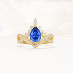 Pear Cut Sapphire Crown Engagement Ring with Chevron Band - Additional view