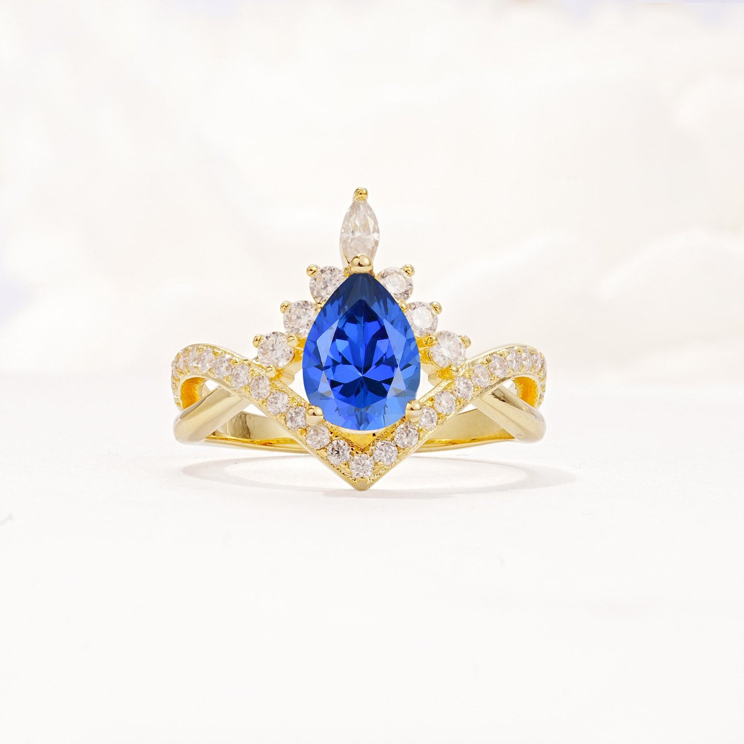 Pear Cut Sapphire Crown Engagement Ring with Chevron Band - Additional view