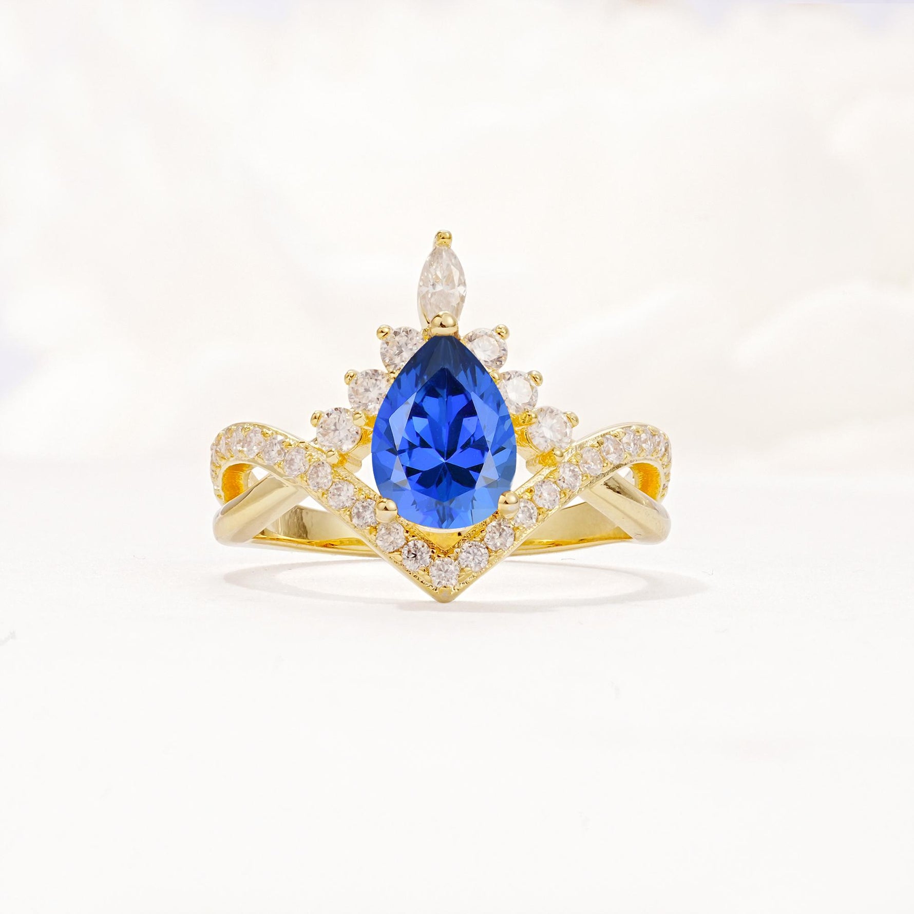 Pear Cut Sapphire Crown Engagement Ring with Chevron Band - Additional view