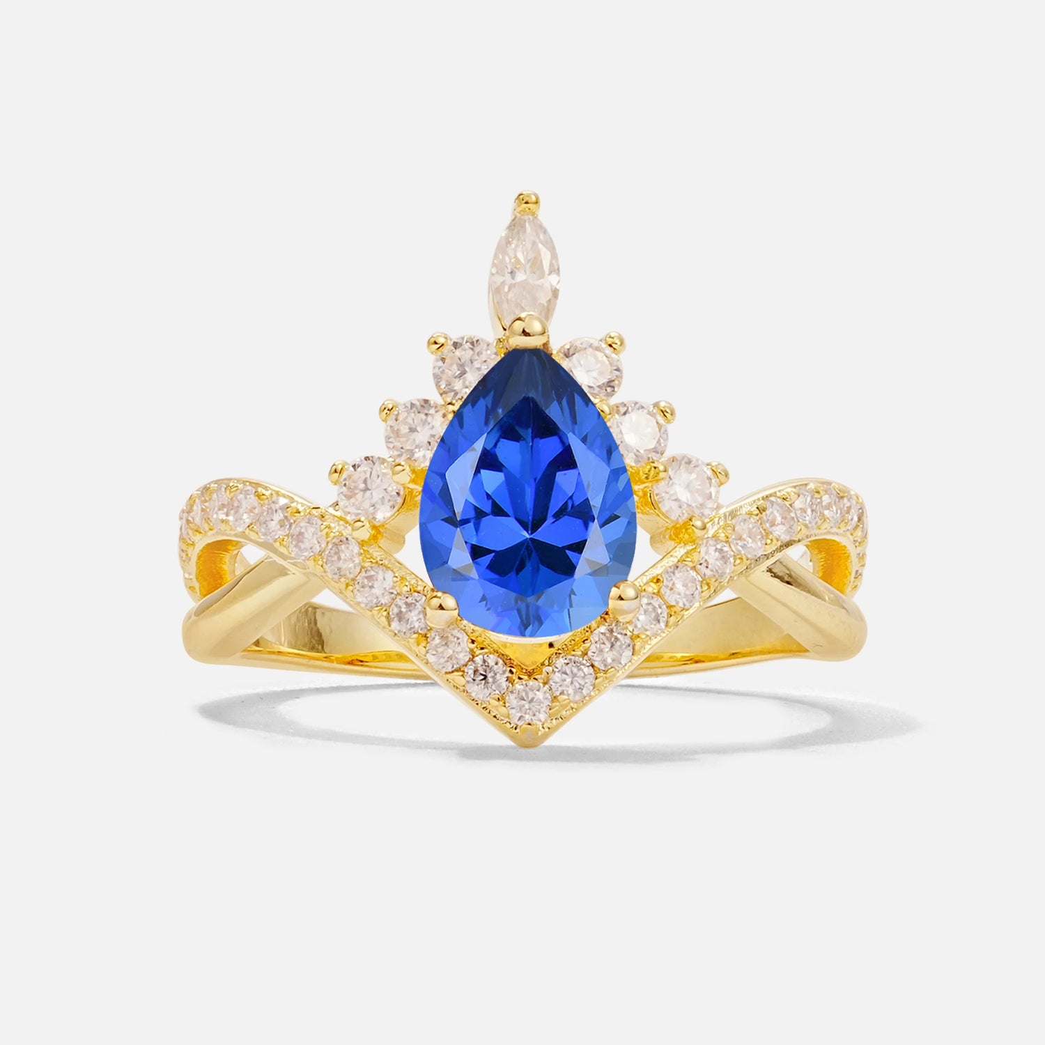 Pear Cut Sapphire Crown Engagement Ring with Chevron Band