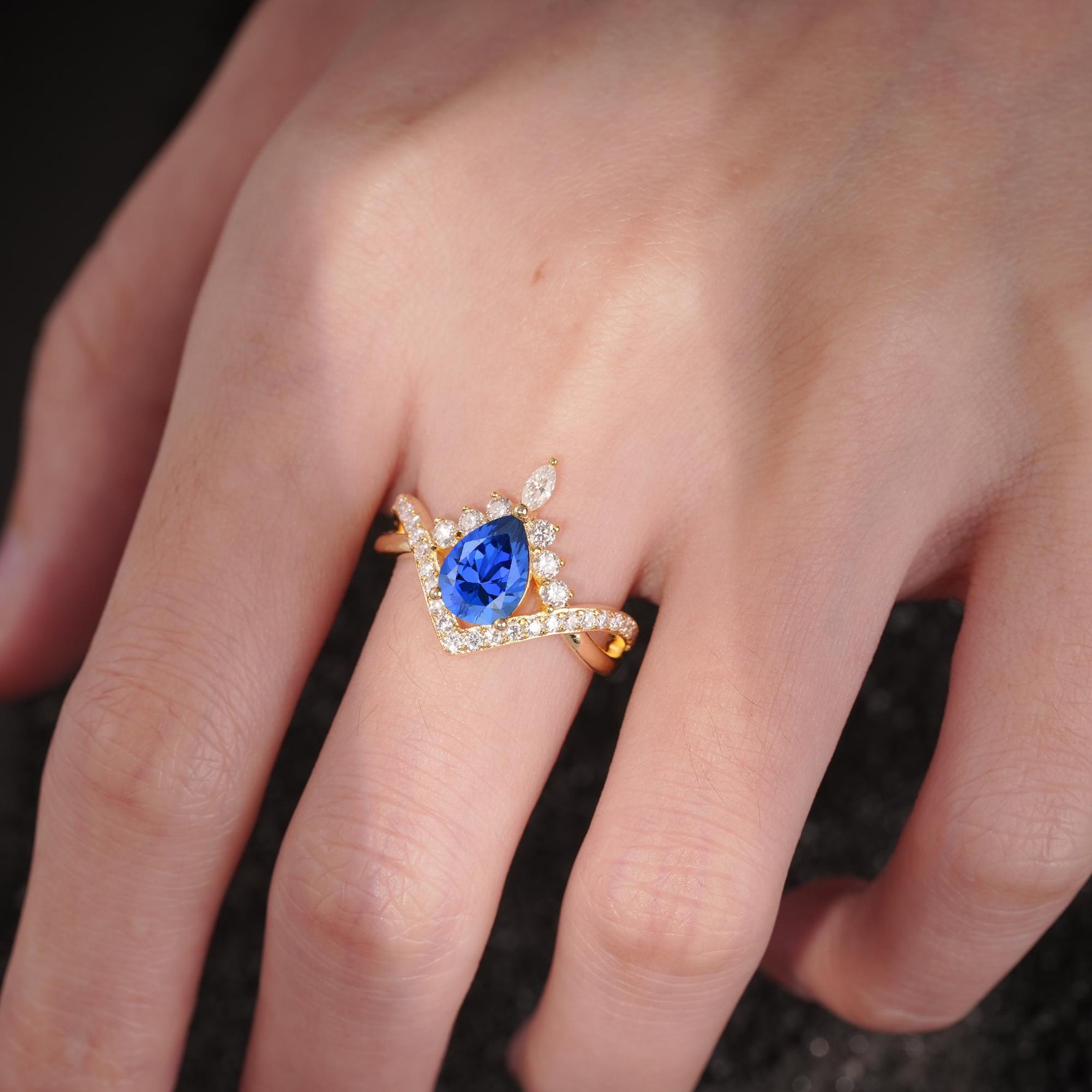 Pear Cut Sapphire Crown Engagement Ring with Chevron Band - Additional view