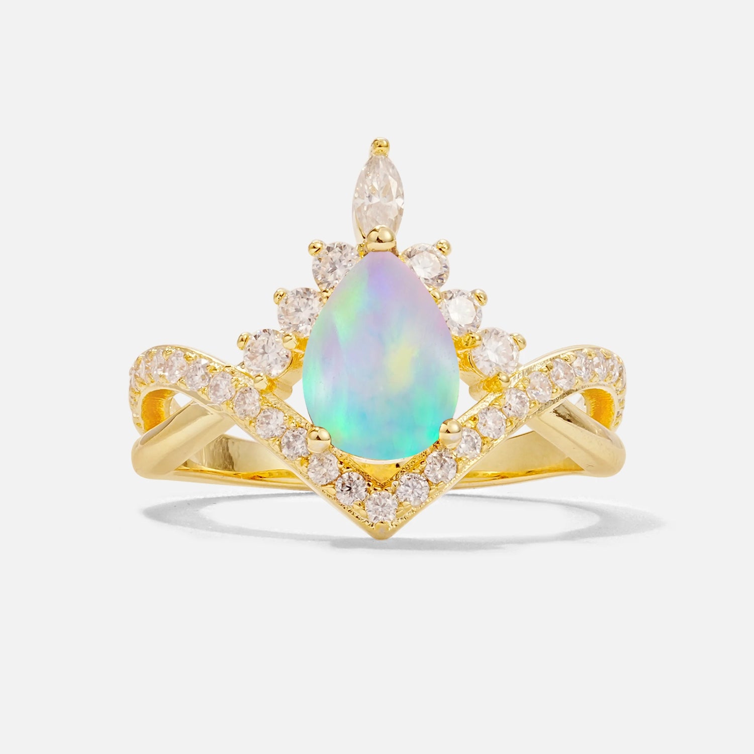 Pear Cut Fire Opal Crown Engagement Ring with Chevron Band