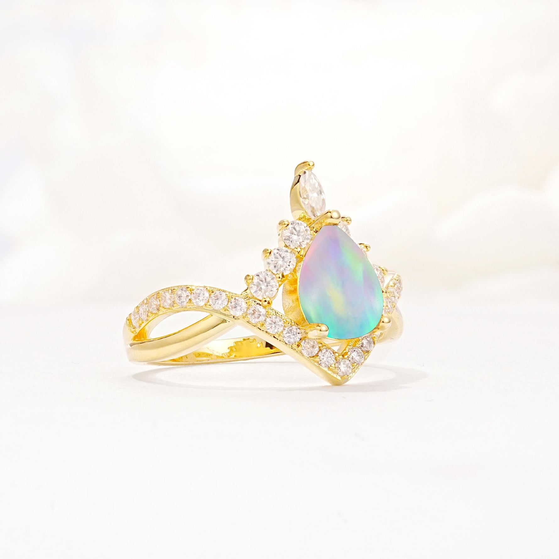 Pear Cut Fire Opal Crown Engagement Ring with Chevron Band - Additional view