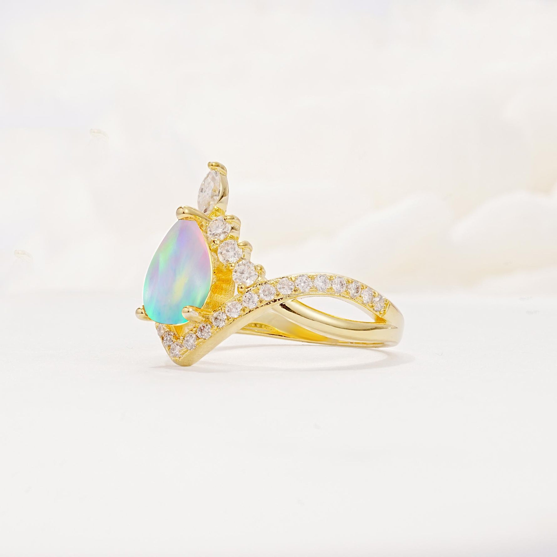 Pear Cut Fire Opal Crown Engagement Ring with Chevron Band - Additional view