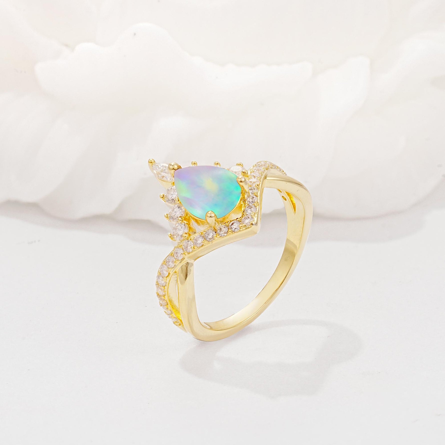 Pear Cut Fire Opal Crown Engagement Ring with Chevron Band - Additional view