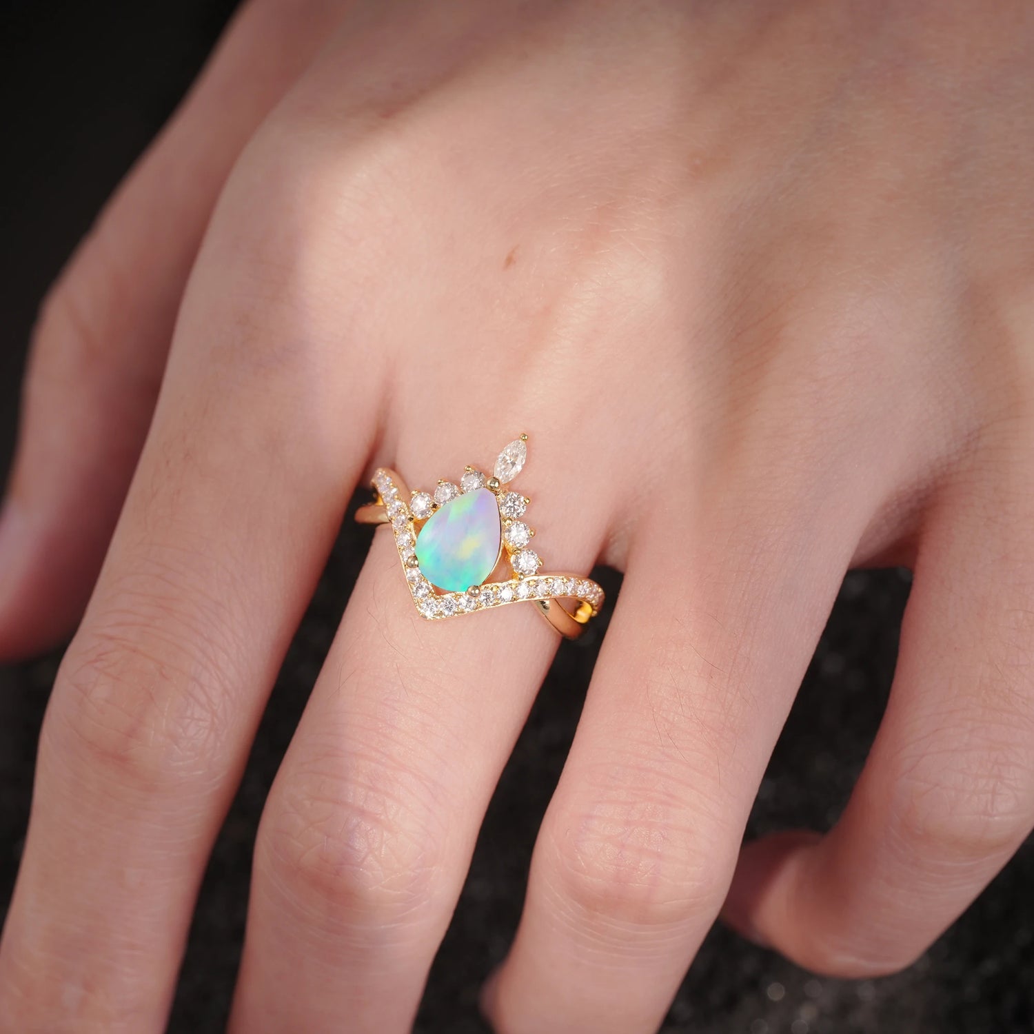 Pear Cut Fire Opal Crown Engagement Ring with Chevron Band