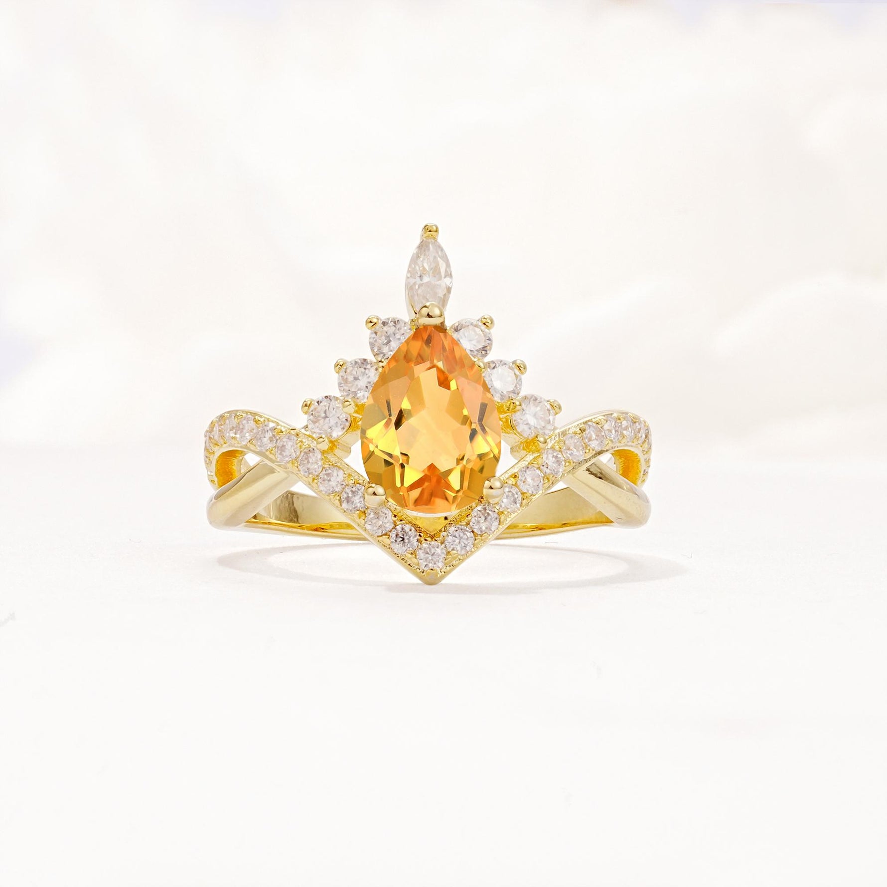 Pear Cut Citrine Crown Engagement Ring with Chevron Band - Additional view