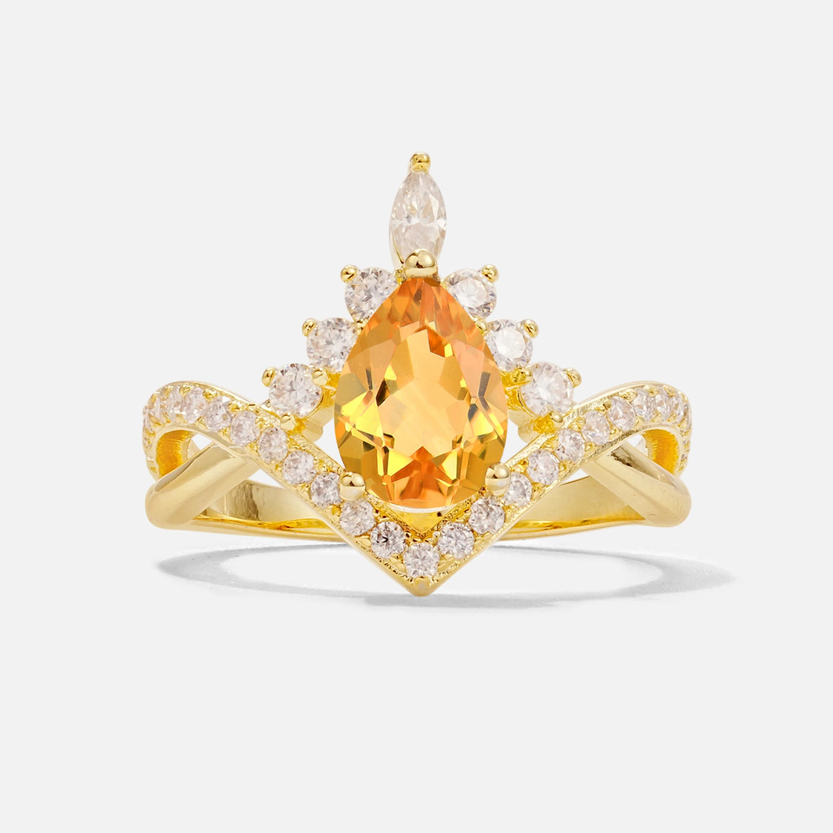 Pear Cut Citrine Crown Engagement Ring with Chevron Band