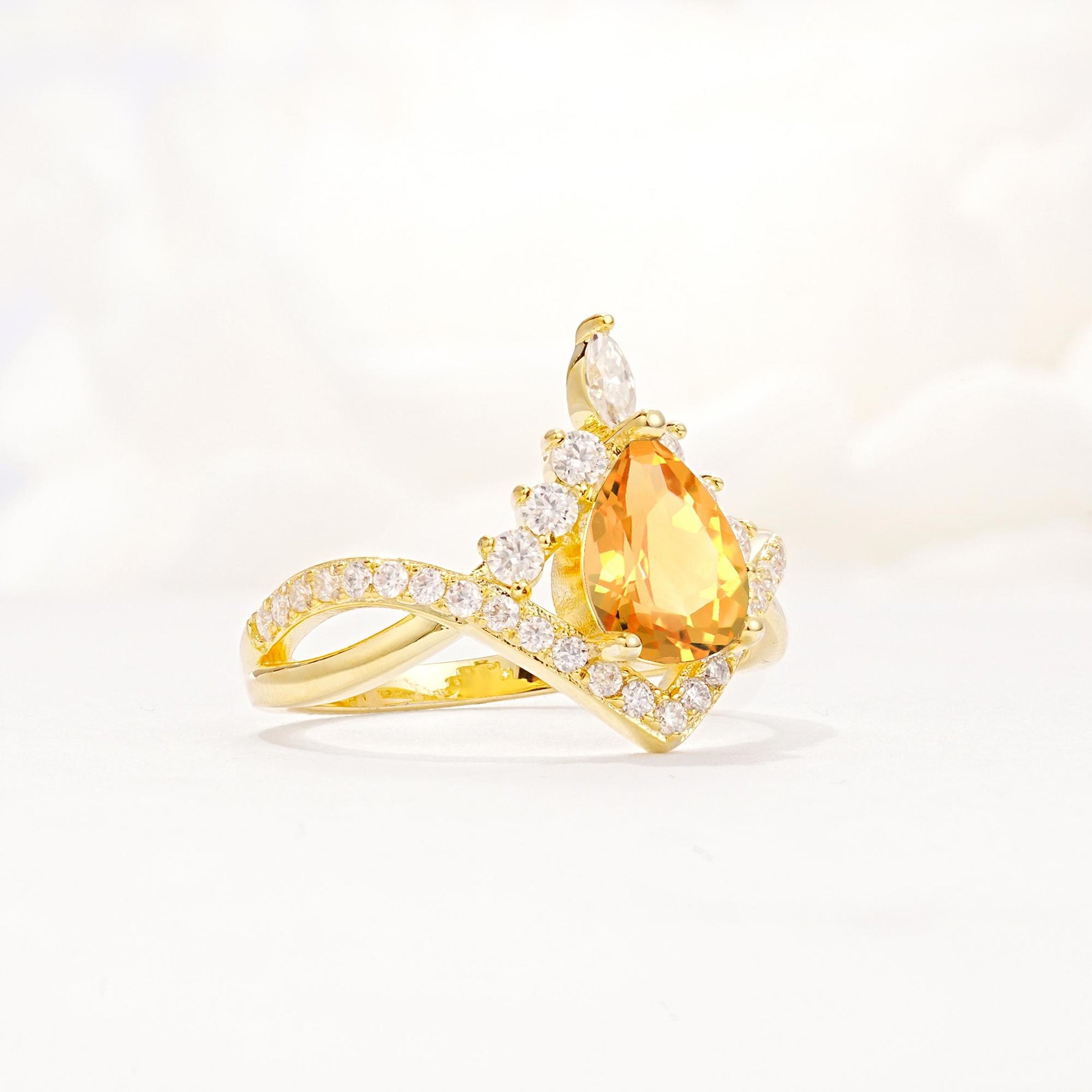 Pear Cut Citrine Crown Engagement Ring with Chevron Band - Additional view