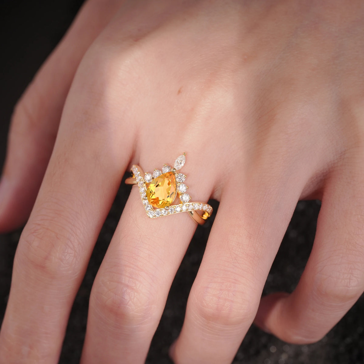 Pear Cut Citrine Crown Engagement Ring with Chevron Band