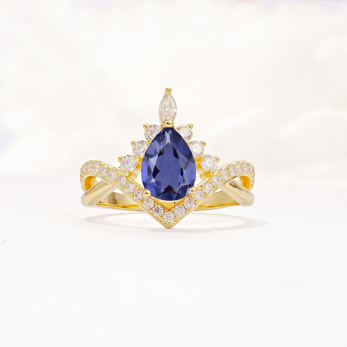 Pear Cut Tanzanite Crown Engagement Ring with Chevron Band - Additional view