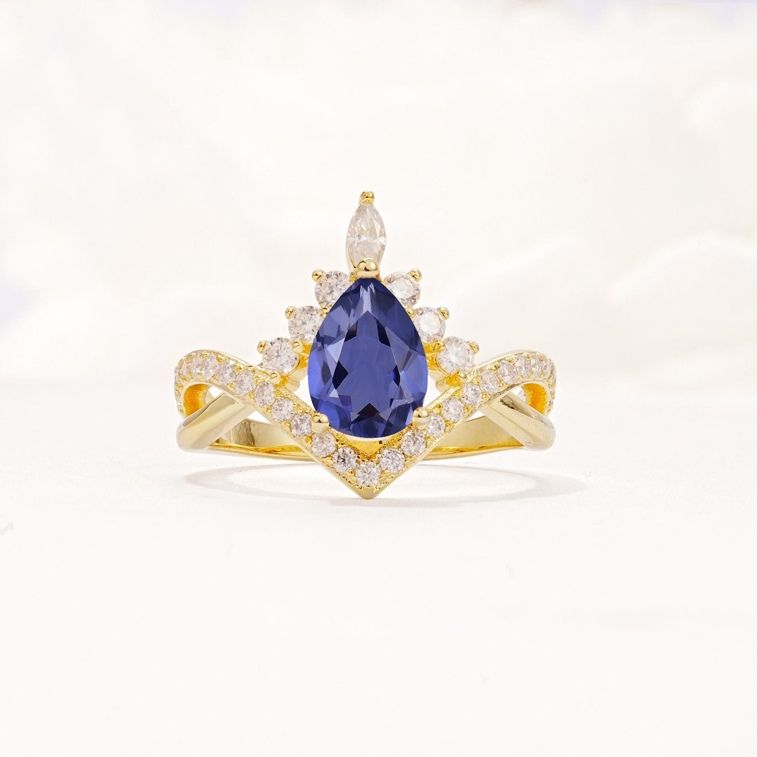Pear Cut Tanzanite Crown Engagement Ring with Chevron Band - Additional view