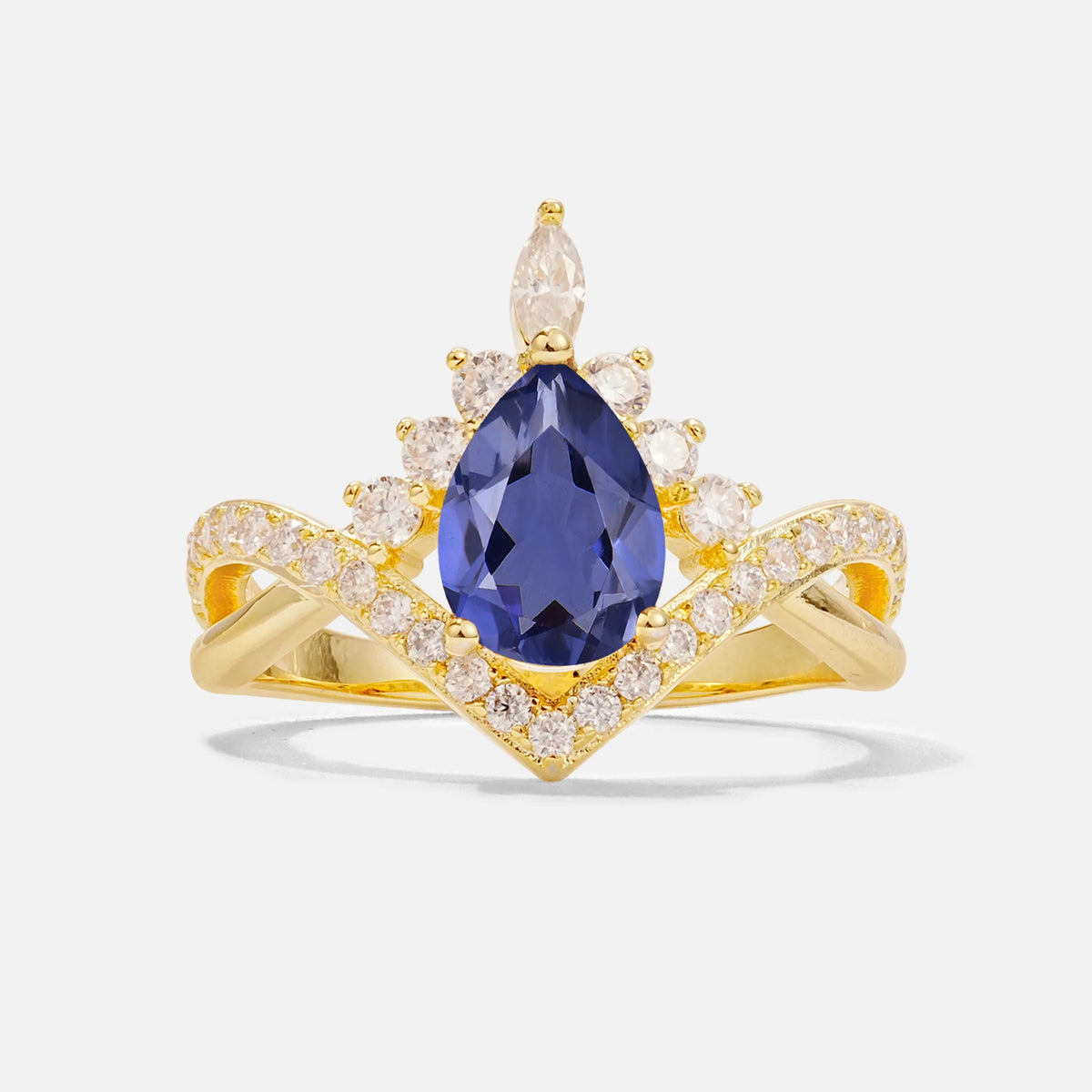 Pear Cut Tanzanite Crown Engagement Ring with Chevron Band