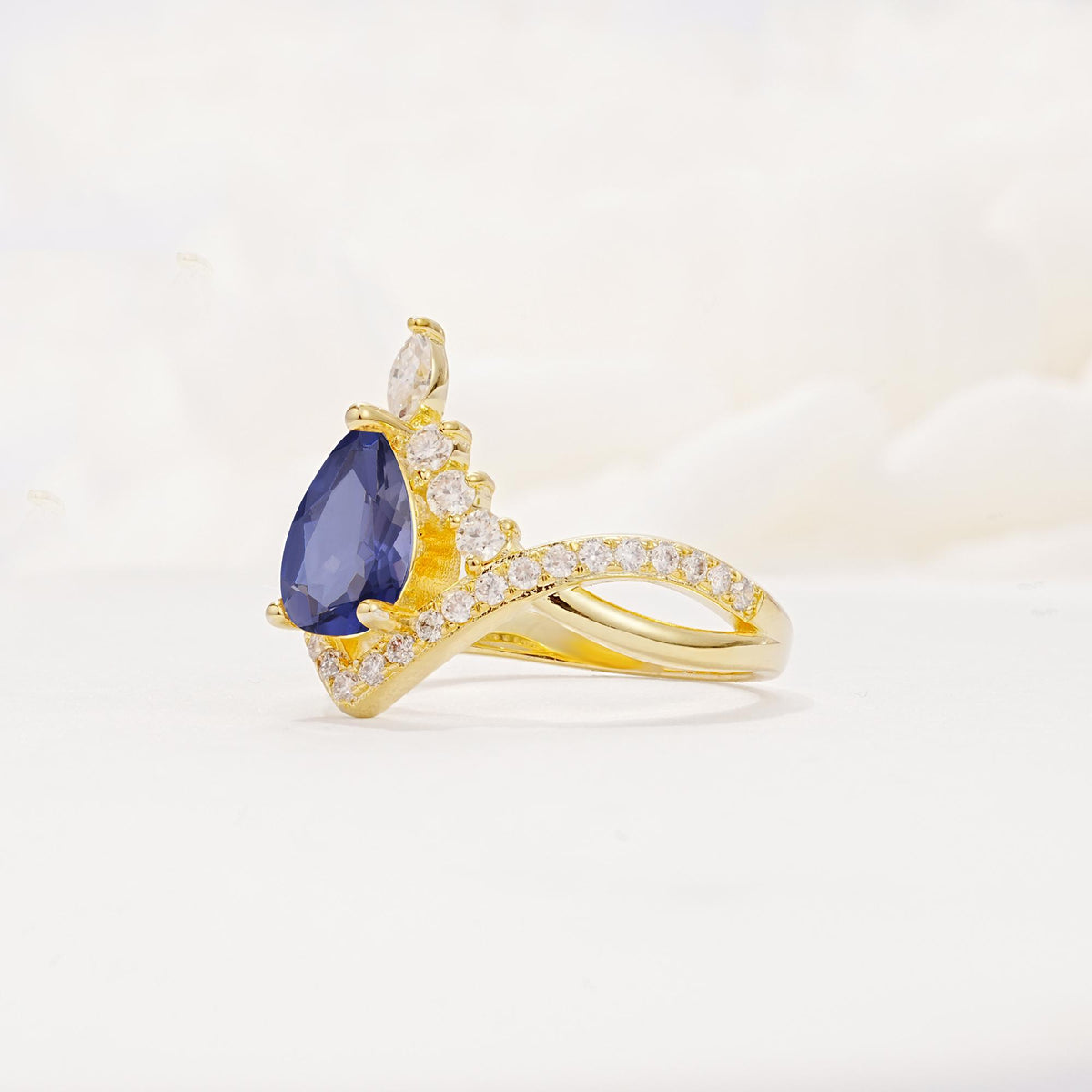 Pear Cut Tanzanite Crown Engagement Ring with Chevron Band - Additional view