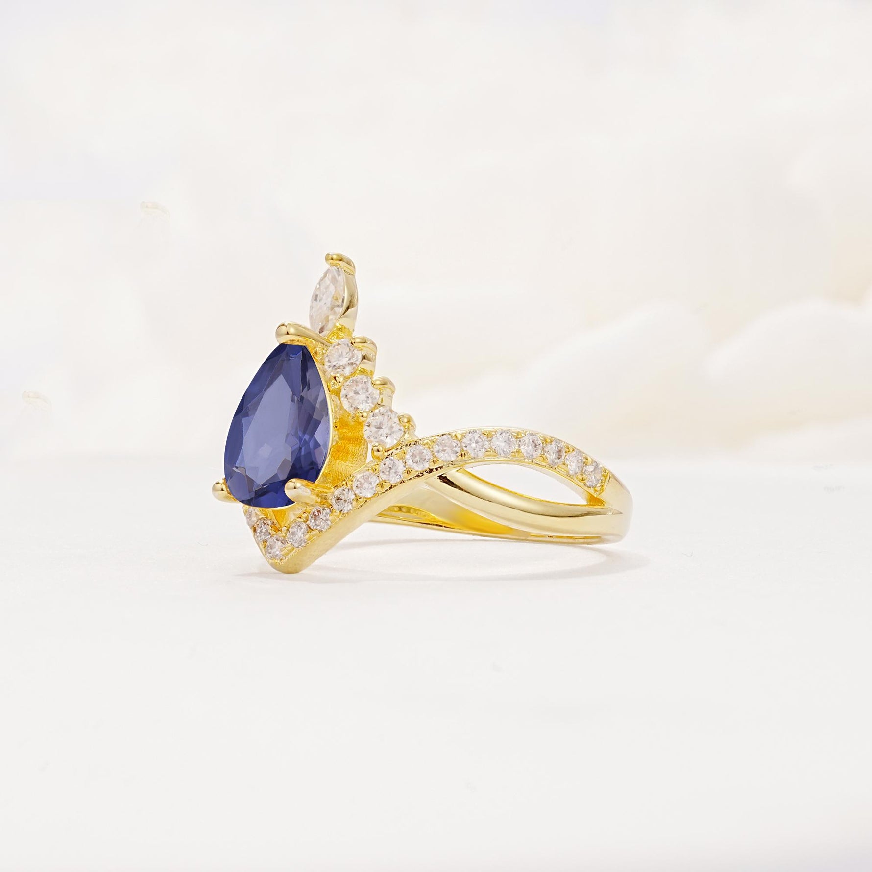 Pear Cut Tanzanite Crown Engagement Ring with Chevron Band - Additional view
