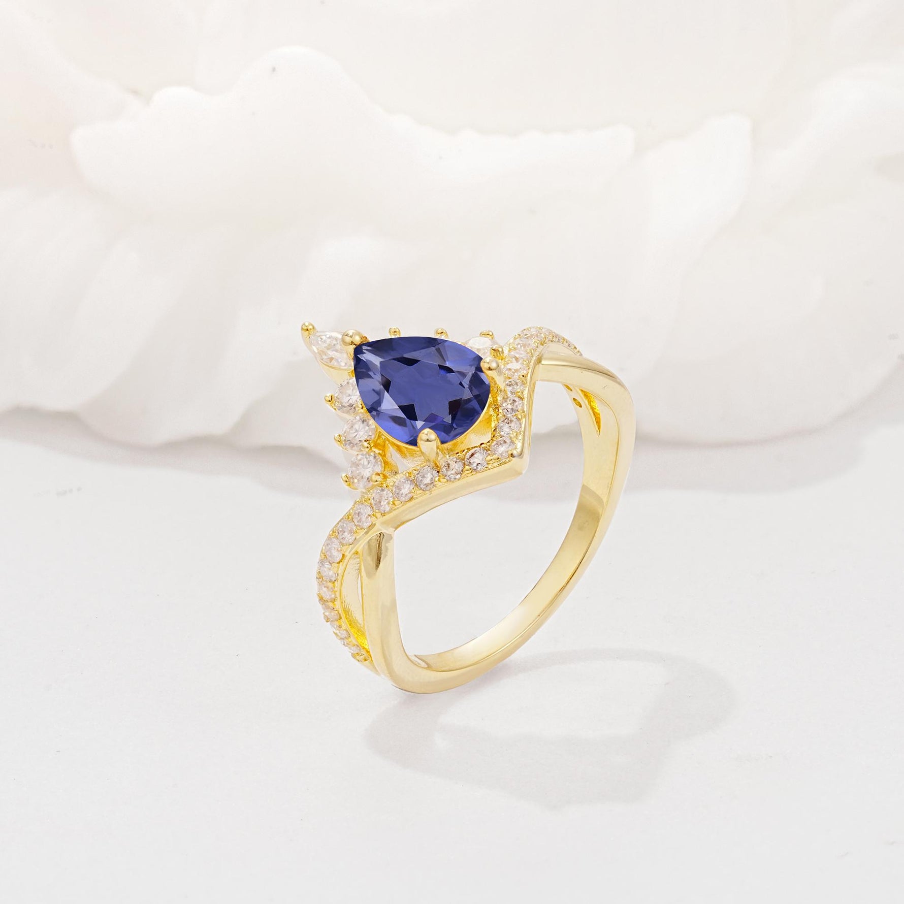 Pear Cut Tanzanite Crown Engagement Ring with Chevron Band - Additional view