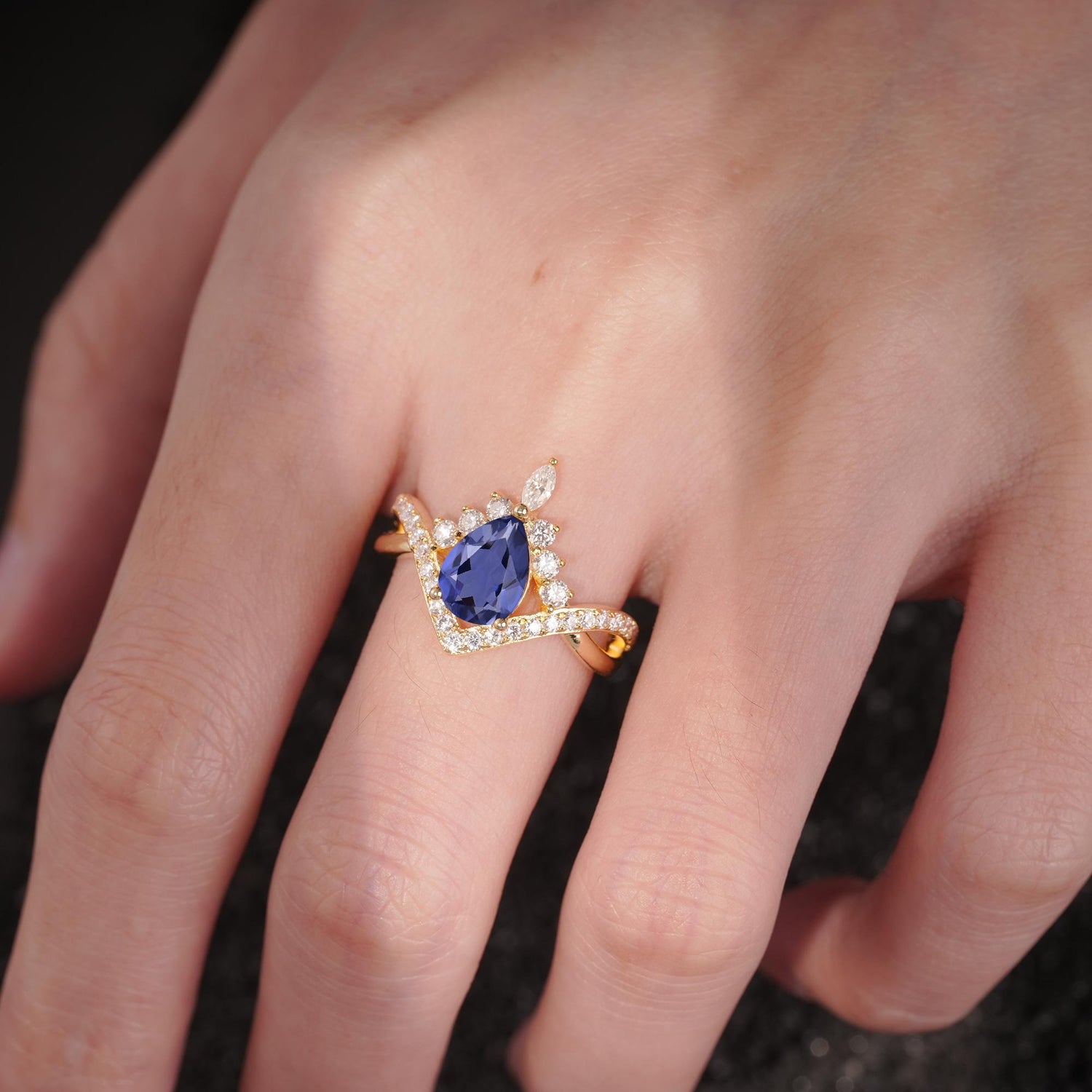 Pear Cut Tanzanite Crown Engagement Ring with Chevron Band - Additional view