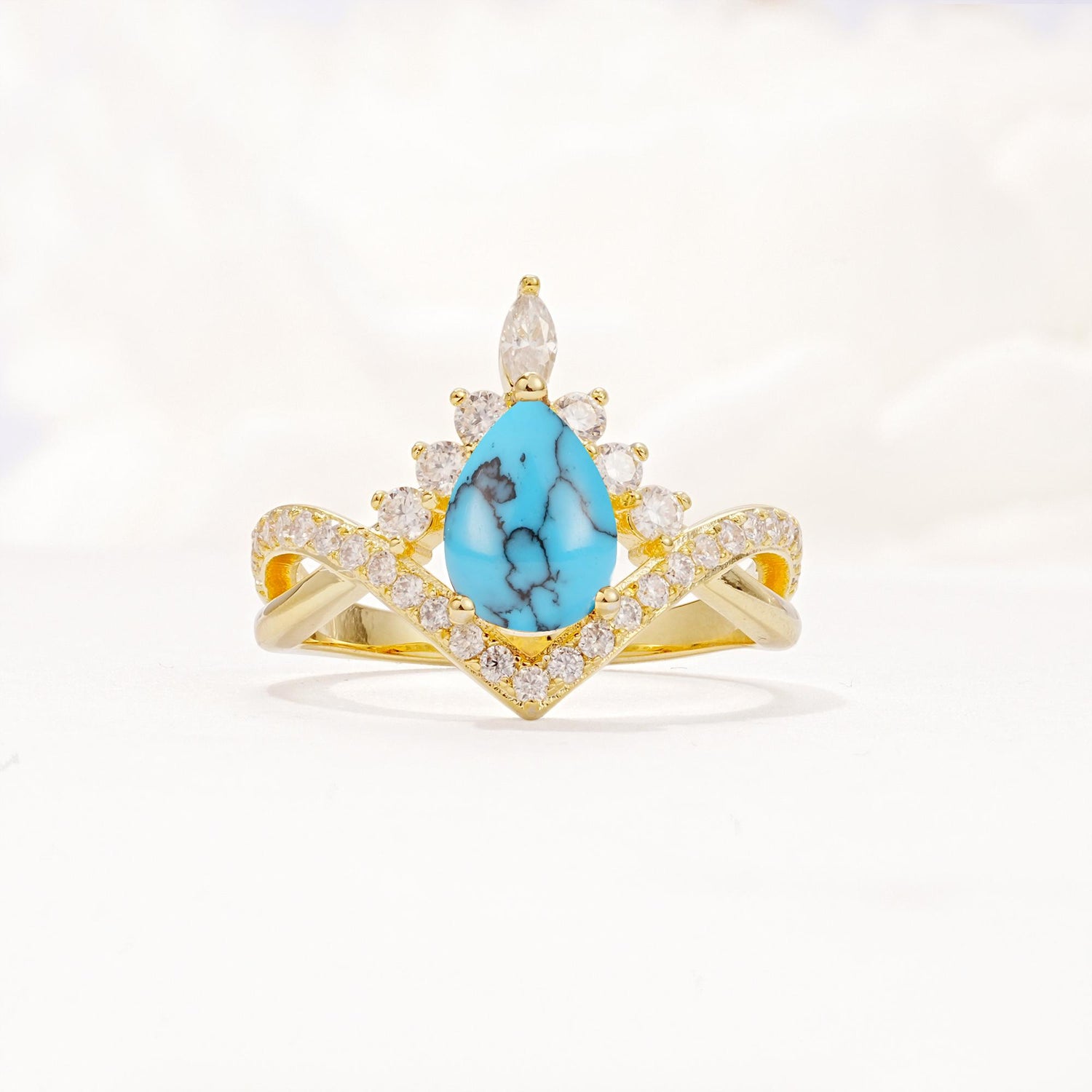 Pear Cut Turquoise Crown Engagement Ring with Chevron Band - Additional view